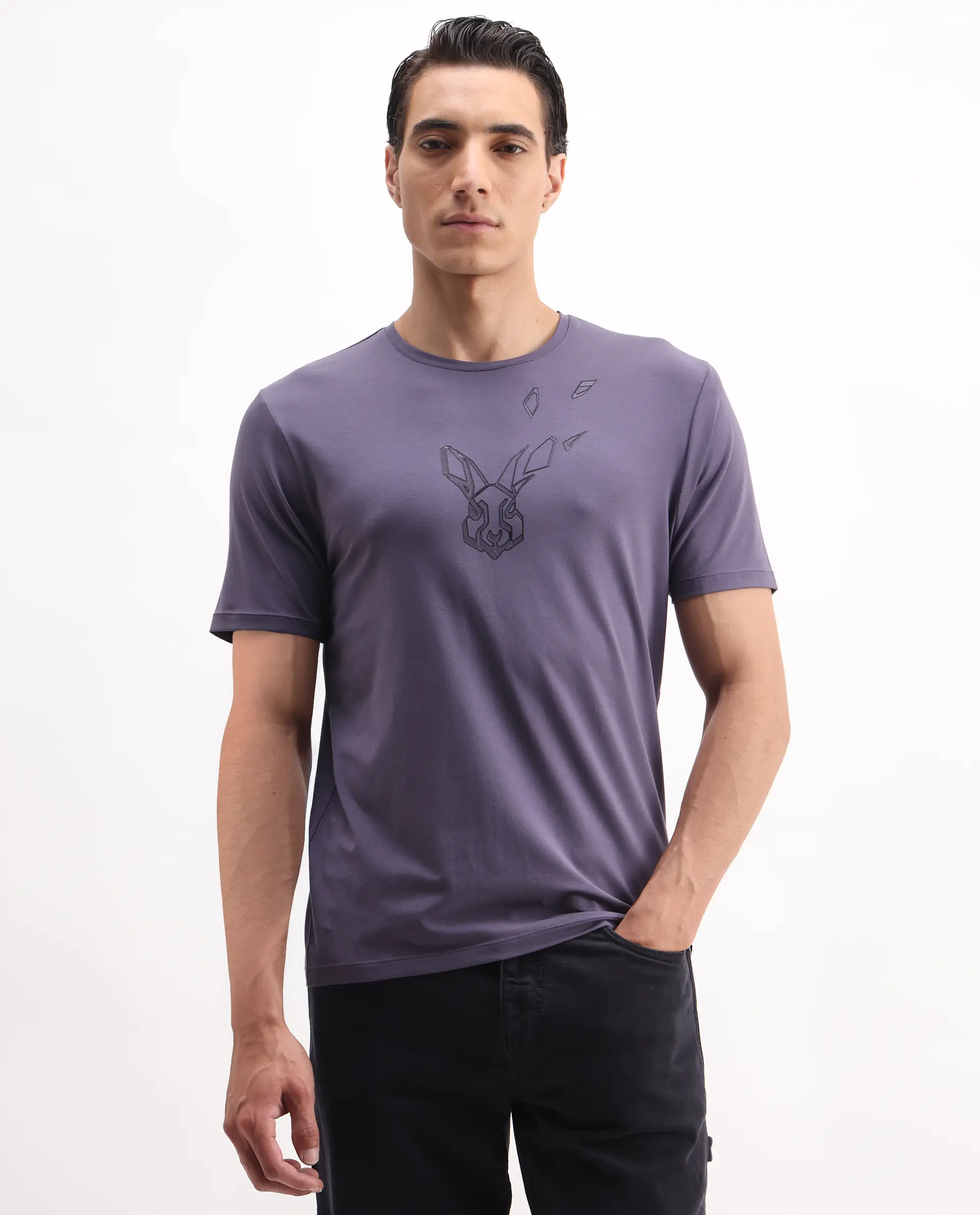 Rare Rabbit Men's Joon Dusky Purple Cotton Blend Graphic Print Regular Fit Half Sleeve Crew Neck T-Shirt - Image 4