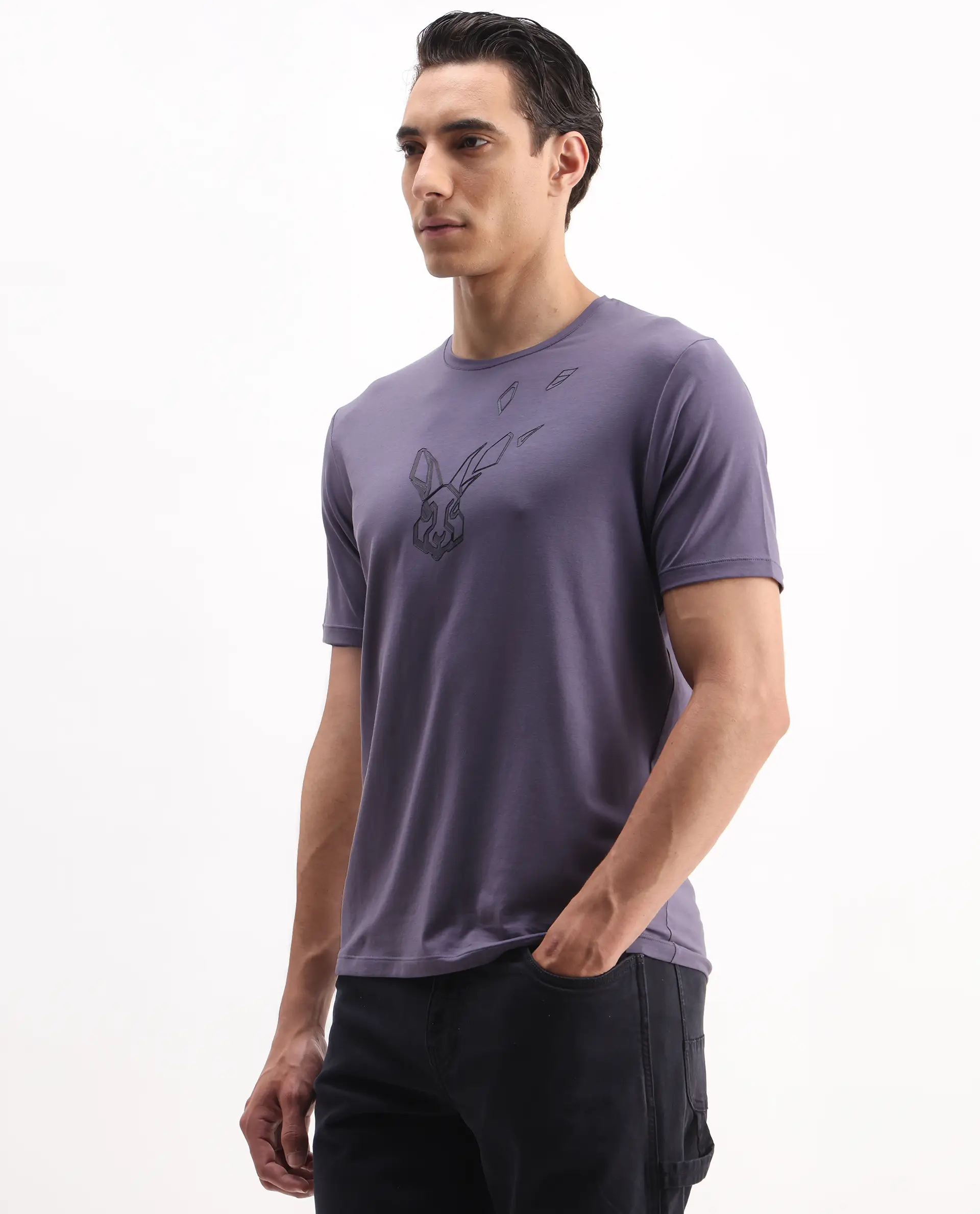 Rare Rabbit Men's Joon Dusky Purple Cotton Blend Graphic Print Regular Fit Half Sleeve Crew Neck T-Shirt - Image 5