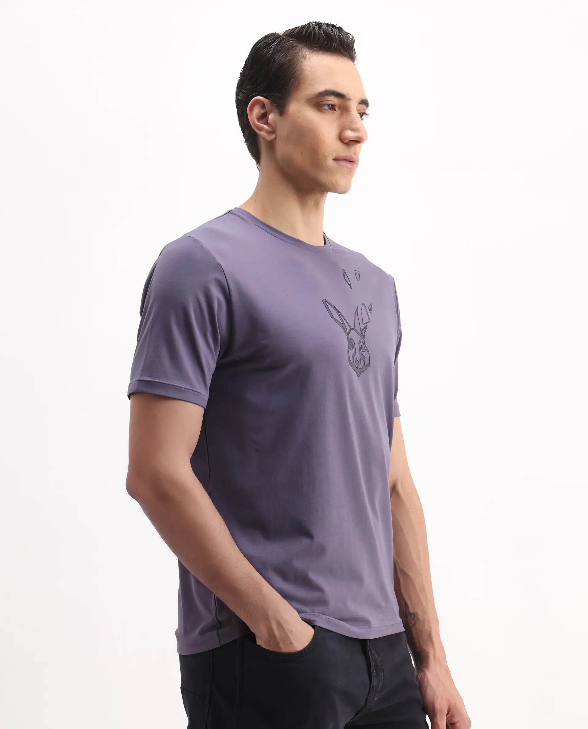 Rare Rabbit Men's Joon Dusky Purple Cotton Blend Graphic Print Regular Fit Half Sleeve Crew Neck T-Shirt - Image 6