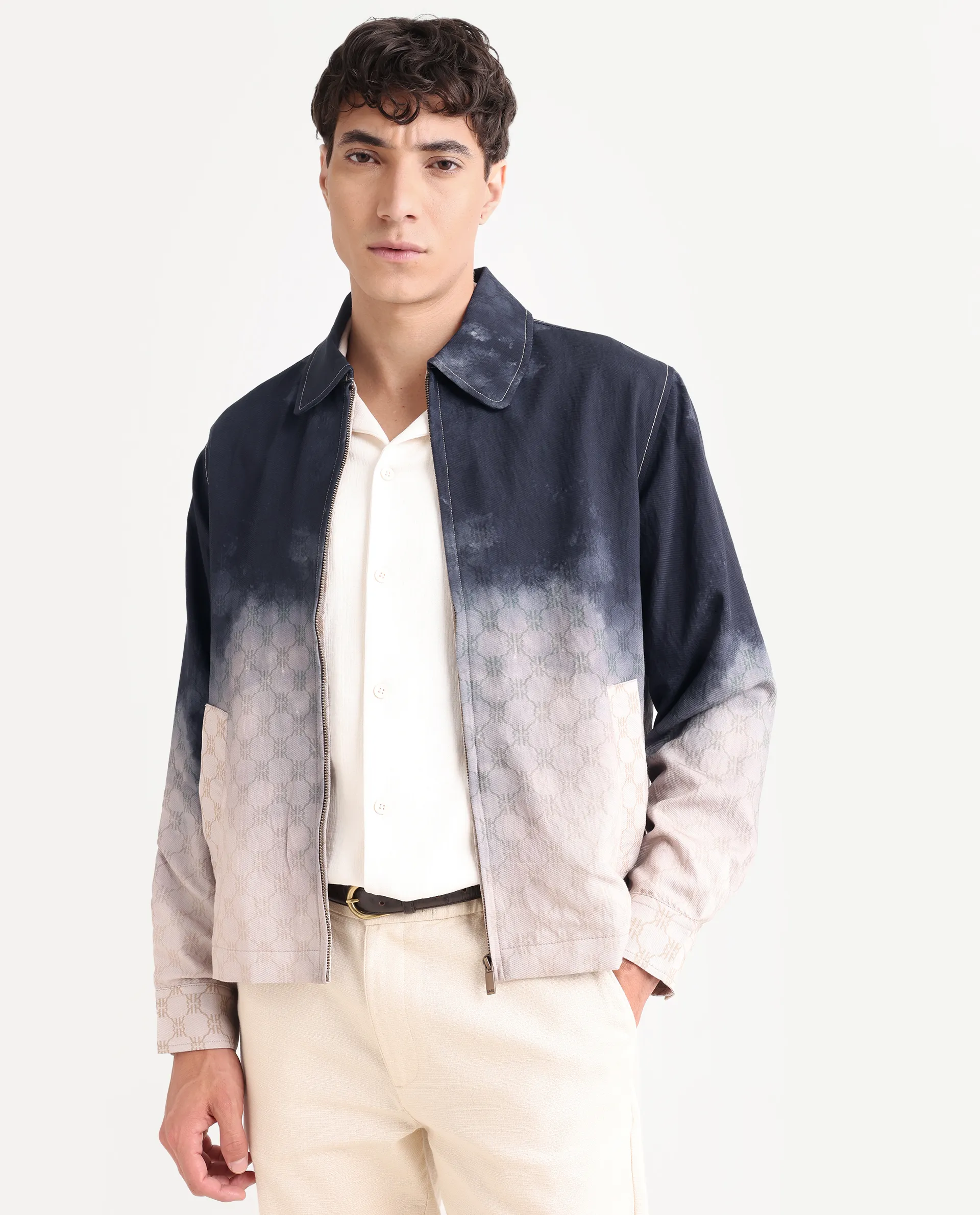 Rare Rabbit Men's Jopy Navy Viscose Blend Fabric Spread Collar Regular Fit Ombre Print Jacket