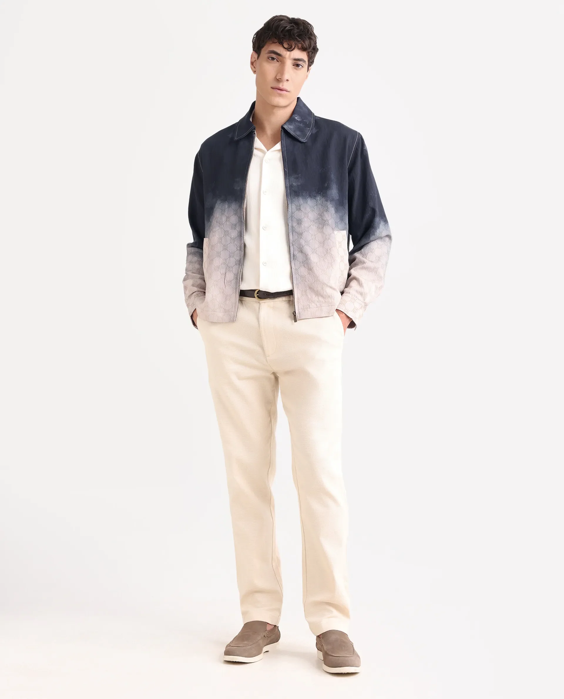 Rare Rabbit Men's Jopy Navy Viscose Blend Fabric Spread Collar Regular Fit Ombre Print Jacket - Image 2