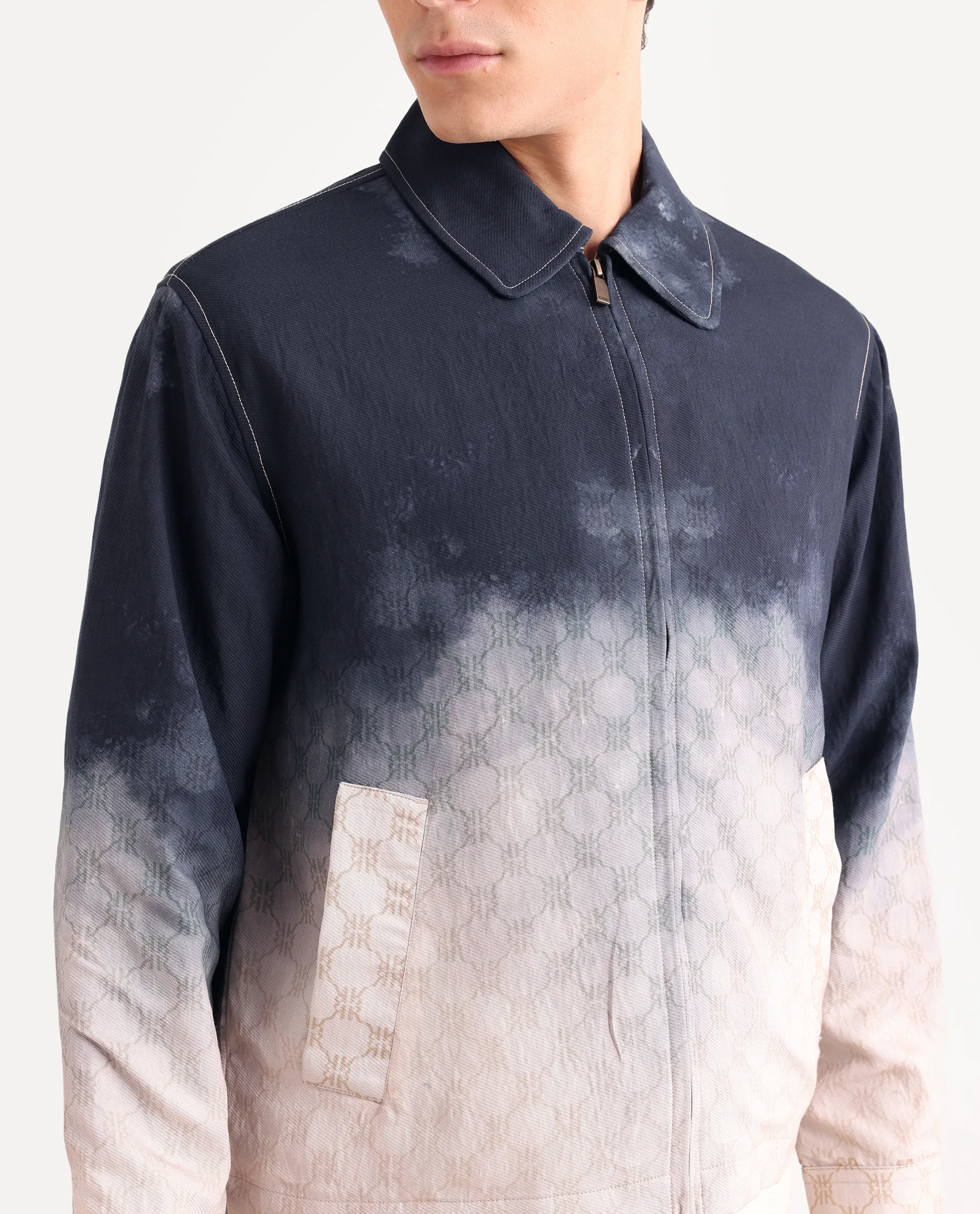 Rare Rabbit Men's Jopy Navy Viscose Blend Fabric Spread Collar Regular Fit Ombre Print Jacket - Image 3