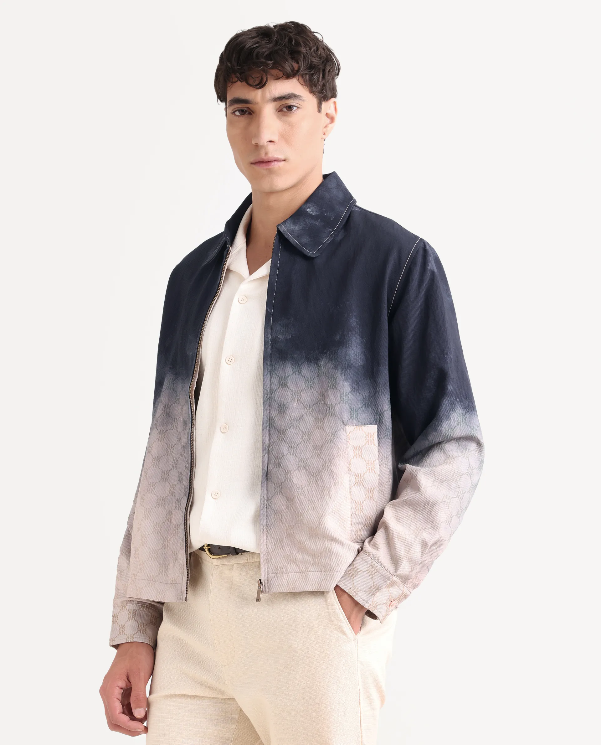 Rare Rabbit Men's Jopy Navy Viscose Blend Fabric Spread Collar Regular Fit Ombre Print Jacket - Image 4