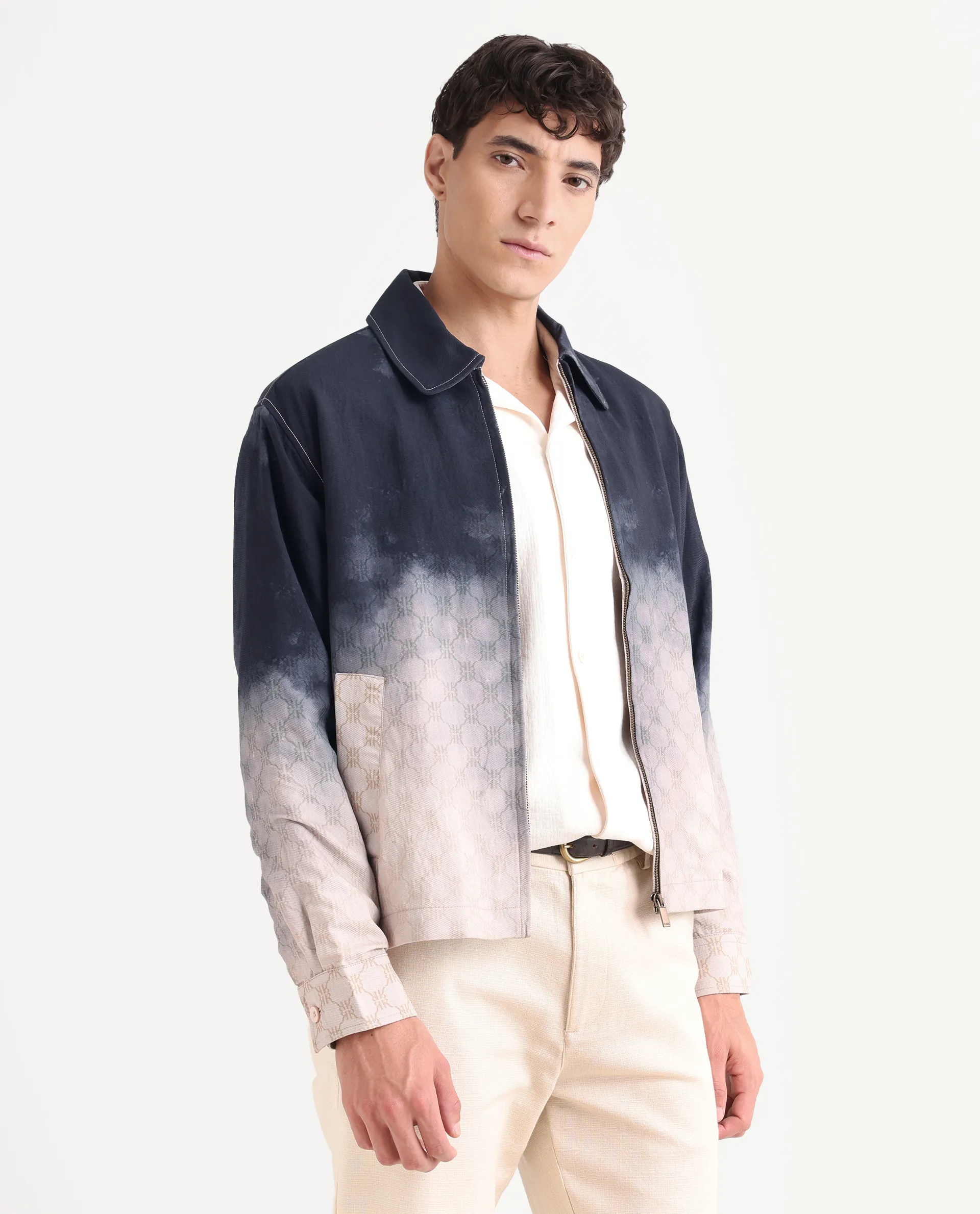 Rare Rabbit Men's Jopy Navy Viscose Blend Fabric Spread Collar Regular Fit Ombre Print Jacket - Image 5