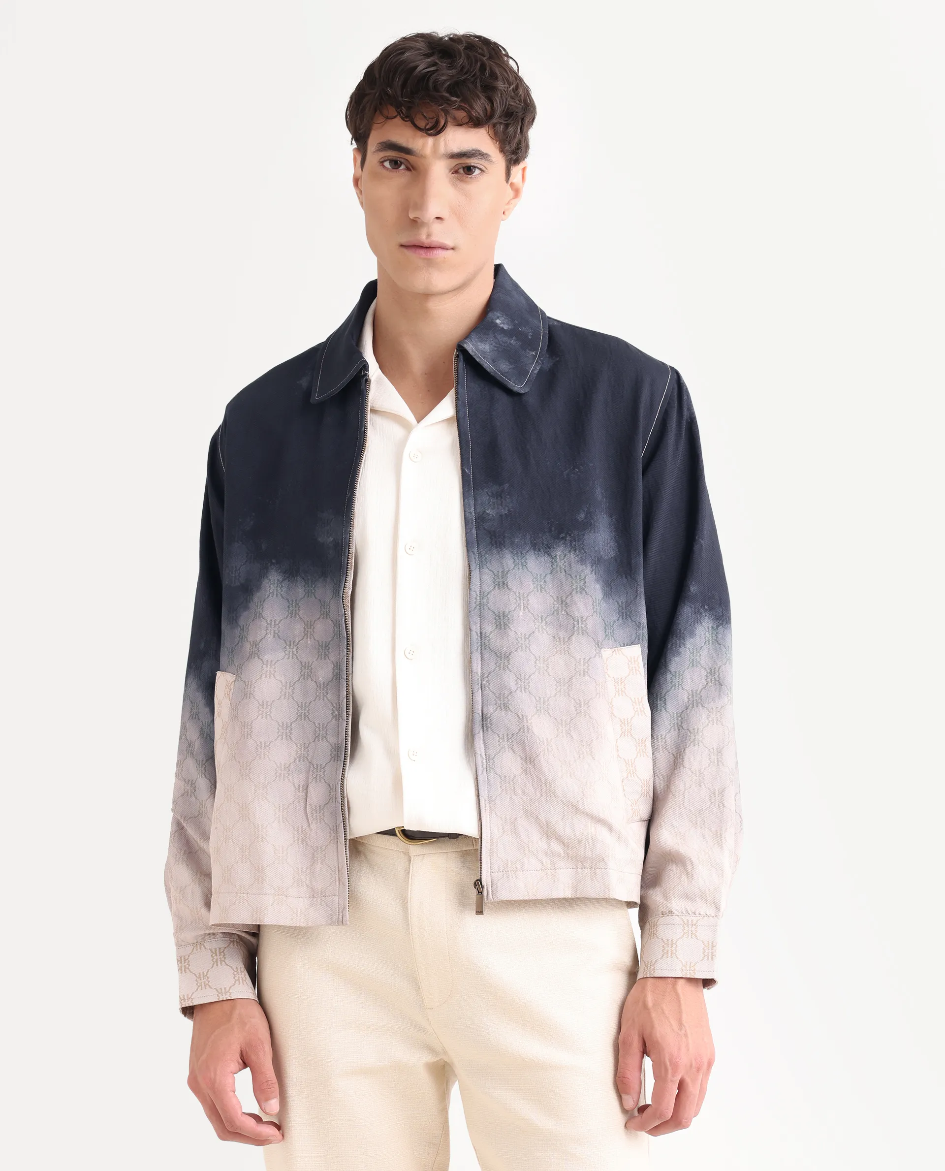 Rare Rabbit Men's Jopy Navy Viscose Blend Fabric Spread Collar Regular Fit Ombre Print Jacket - Image 6