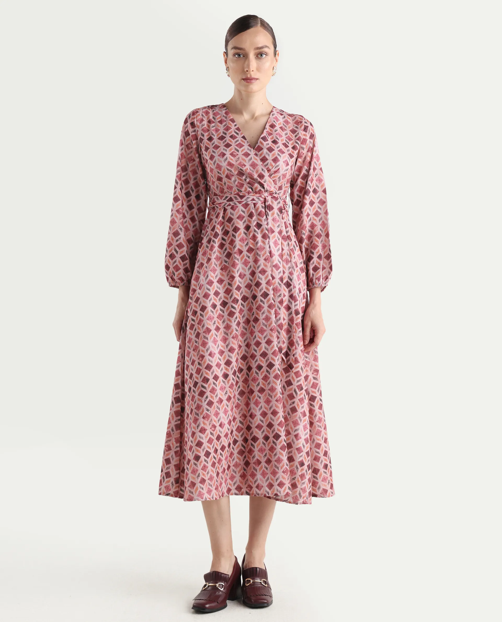 Rareism Women's Jorci Multi Polyester Overlap Neck Geometric Print Bishop Sleeve Maxi Fit And Flare Dress - Image 3