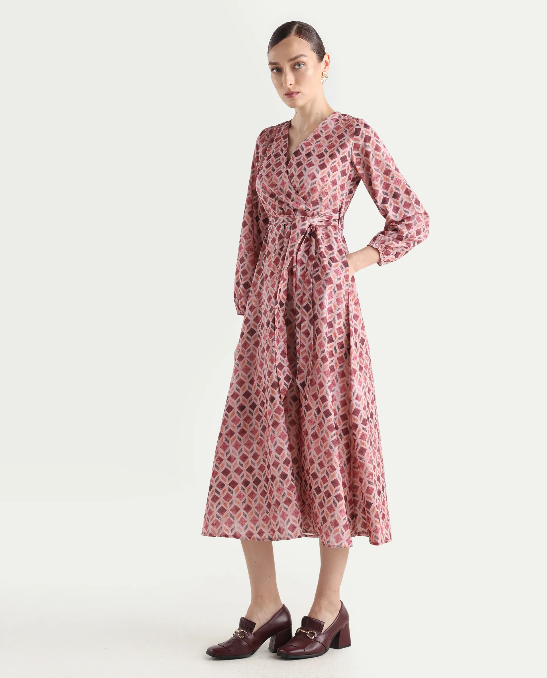 Rareism Women's Jorci Multi Polyester Overlap Neck Geometric Print Bishop Sleeve Maxi Fit And Flare Dress - Image 5