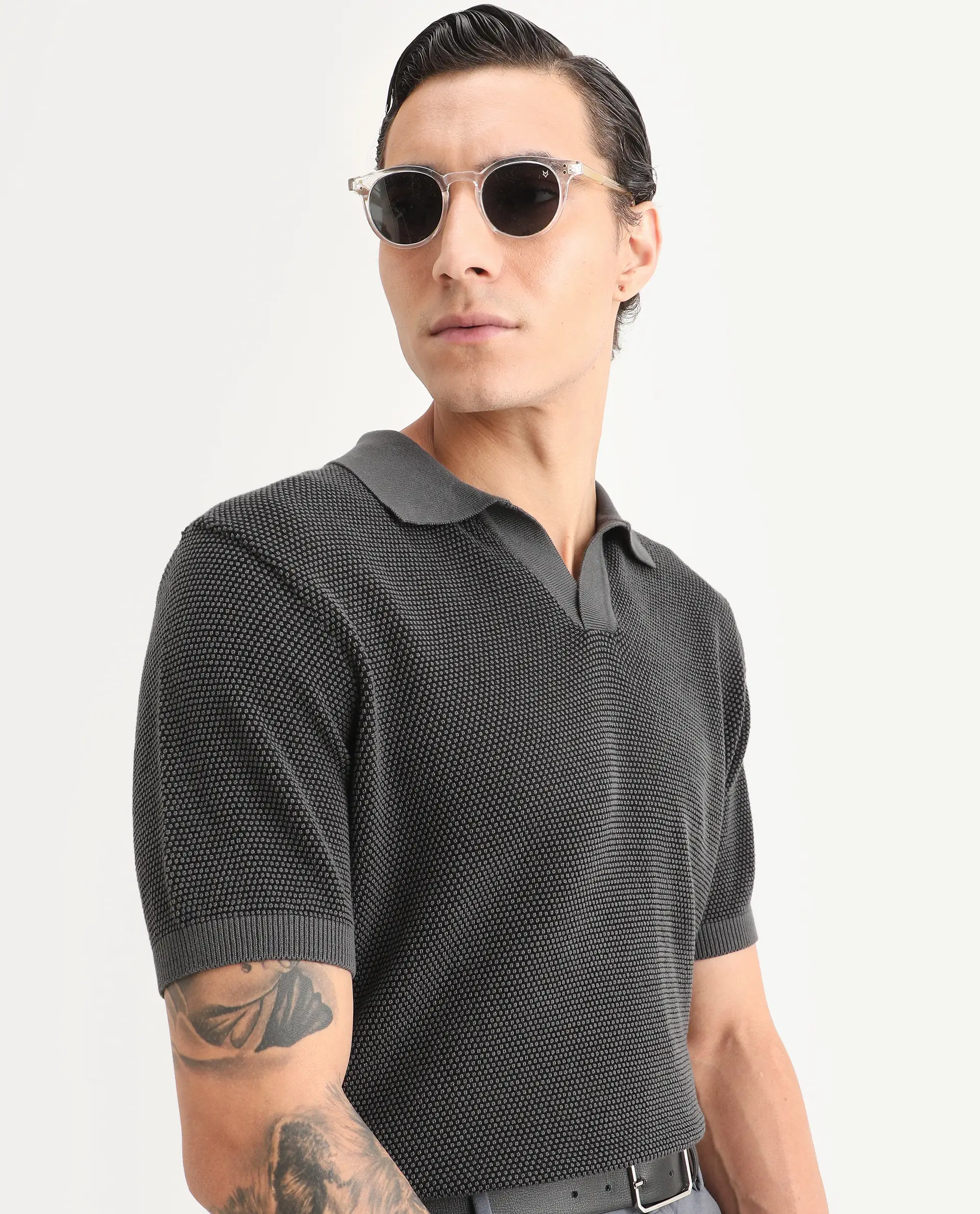 Rare Rabbit Men's Jordan Black Cotton Fabric Full Sleeve Regular Fit Textured Polo