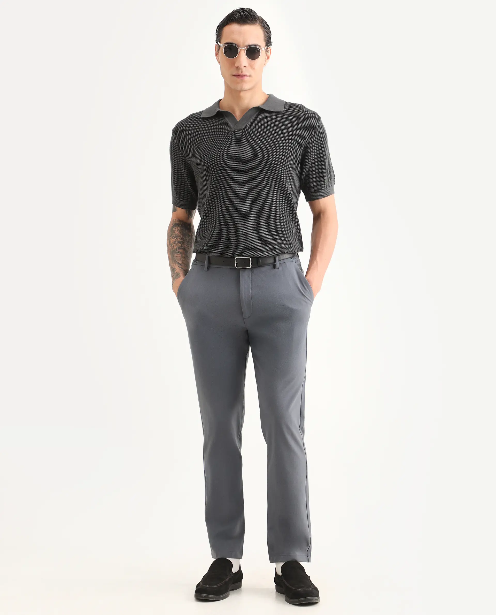 Rare Rabbit Men's Jordan Black Cotton Fabric Full Sleeve Regular Fit Textured Polo - Image 2