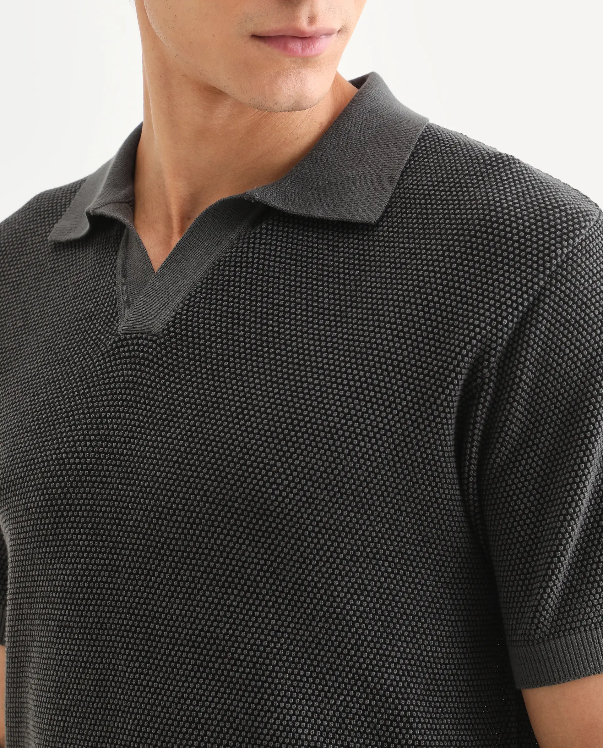 Rare Rabbit Men's Jordan Black Cotton Fabric Full Sleeve Regular Fit Textured Polo - Image 3