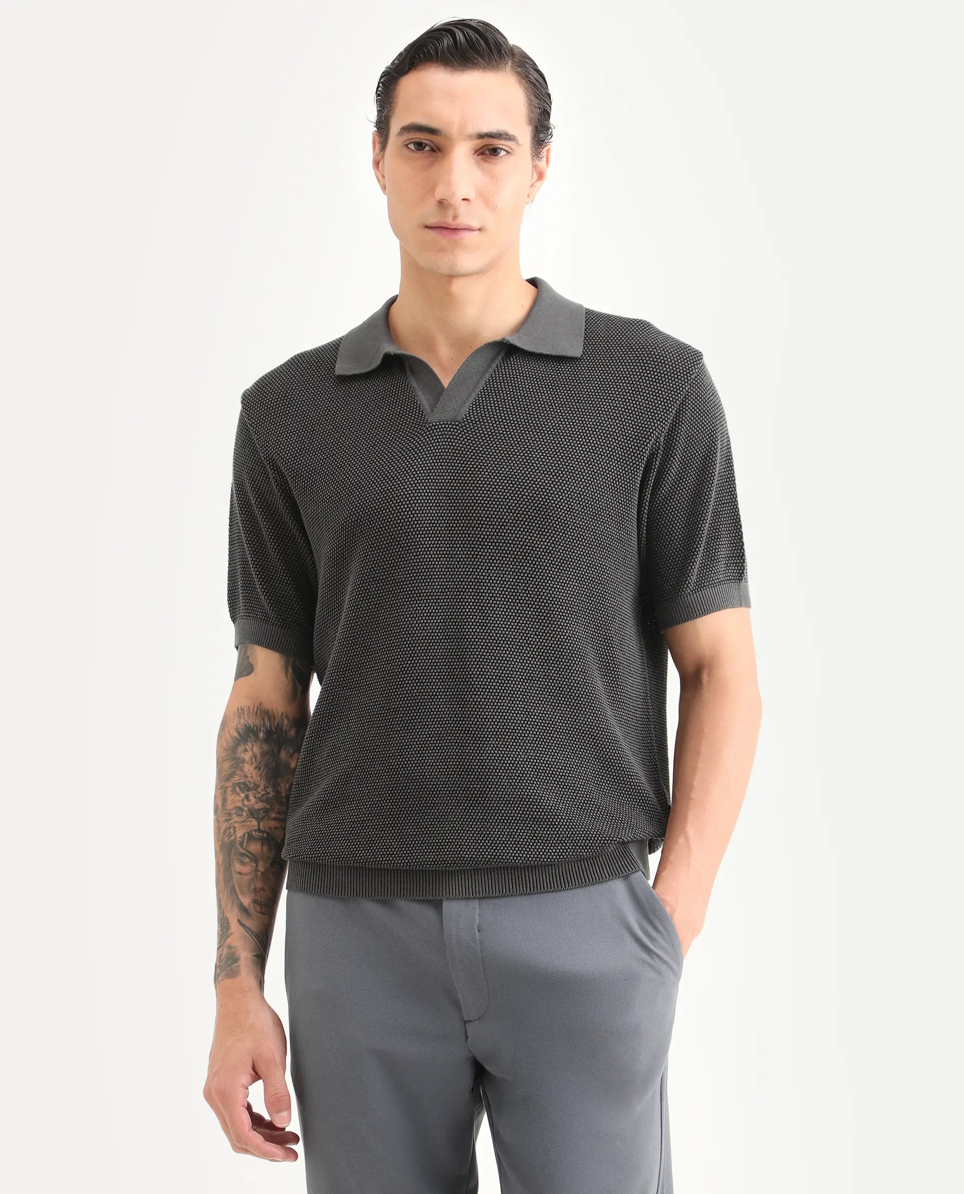 Rare Rabbit Men's Jordan Black Cotton Fabric Full Sleeve Regular Fit Textured Polo - Image 4