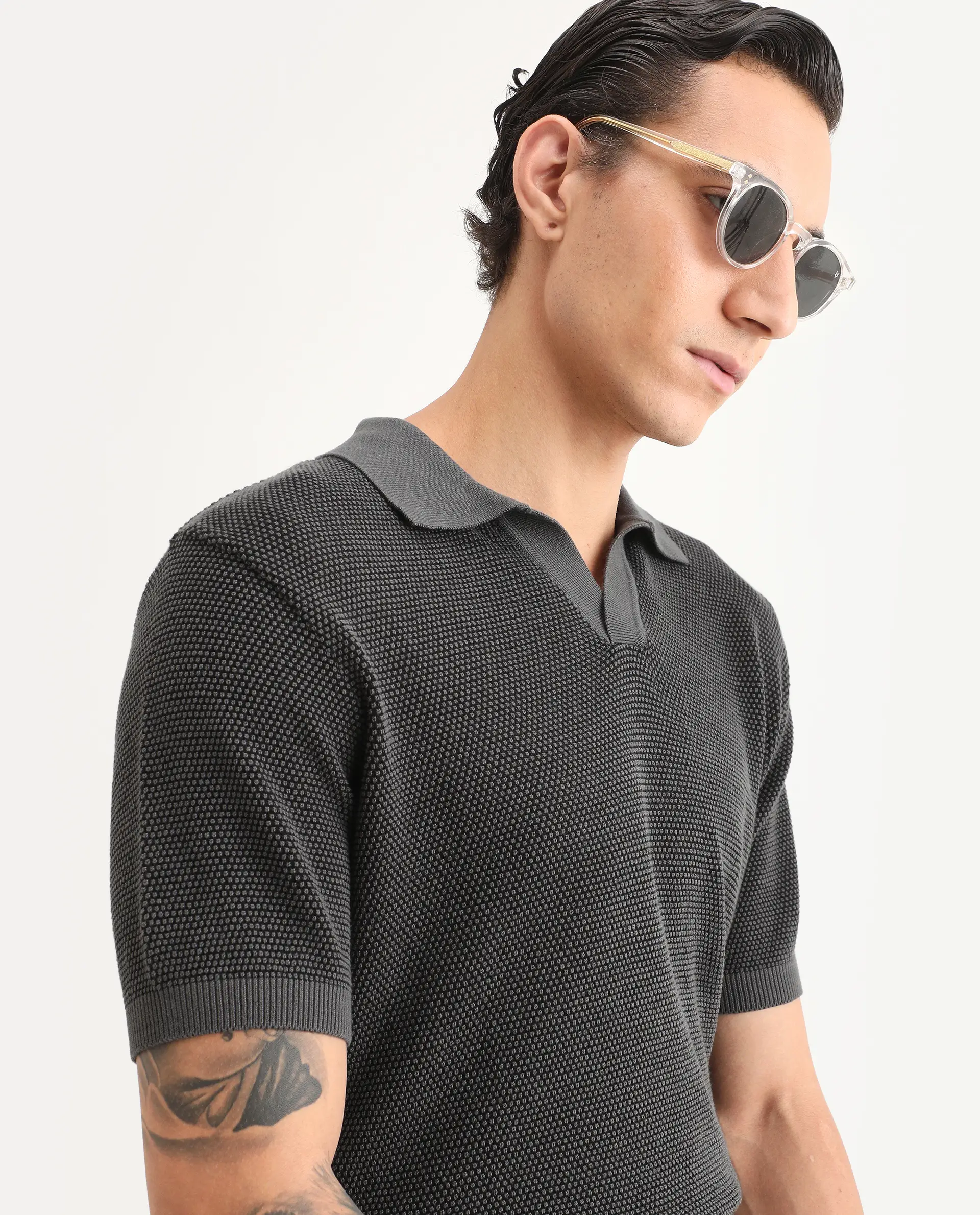 Rare Rabbit Men's Jordan Black Cotton Fabric Full Sleeve Regular Fit Textured Polo - Image 5