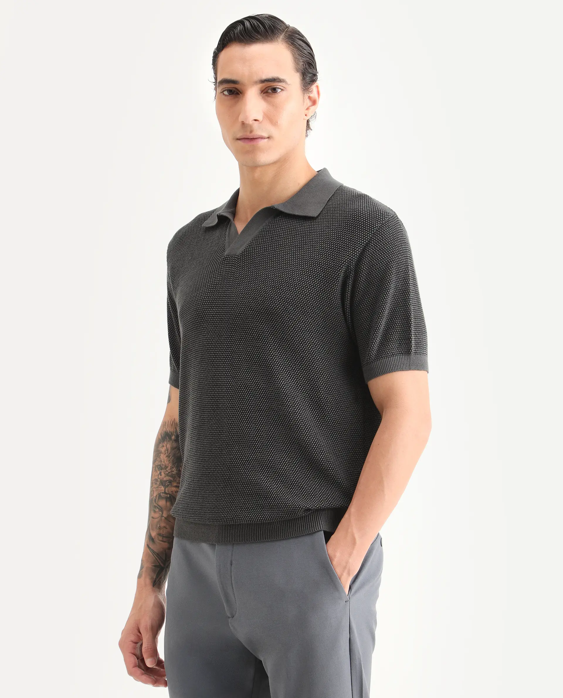 Rare Rabbit Men's Jordan Black Cotton Fabric Full Sleeve Regular Fit Textured Polo - Image 6