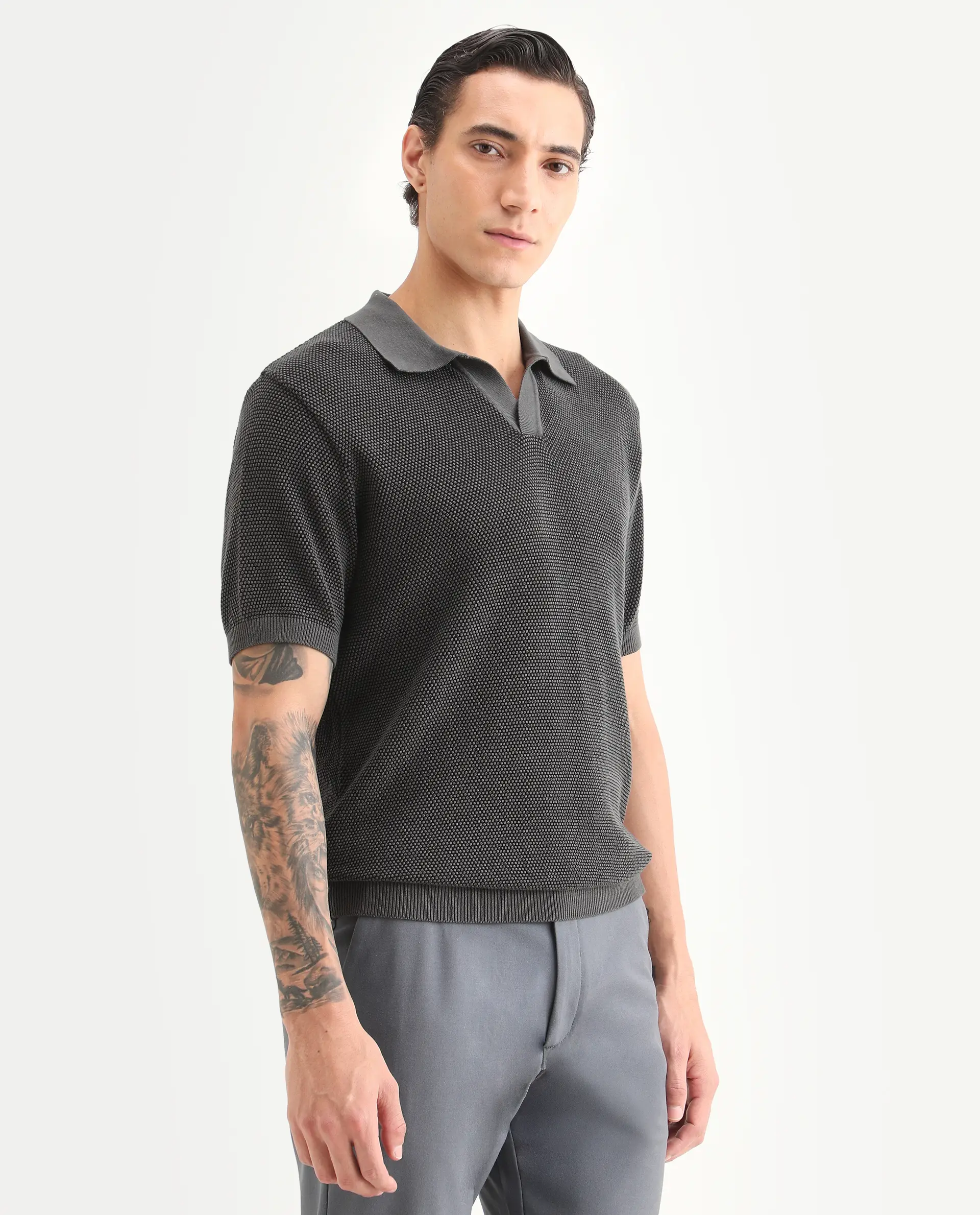 Rare Rabbit Men's Jordan Black Cotton Fabric Full Sleeve Regular Fit Textured Polo - Image 7