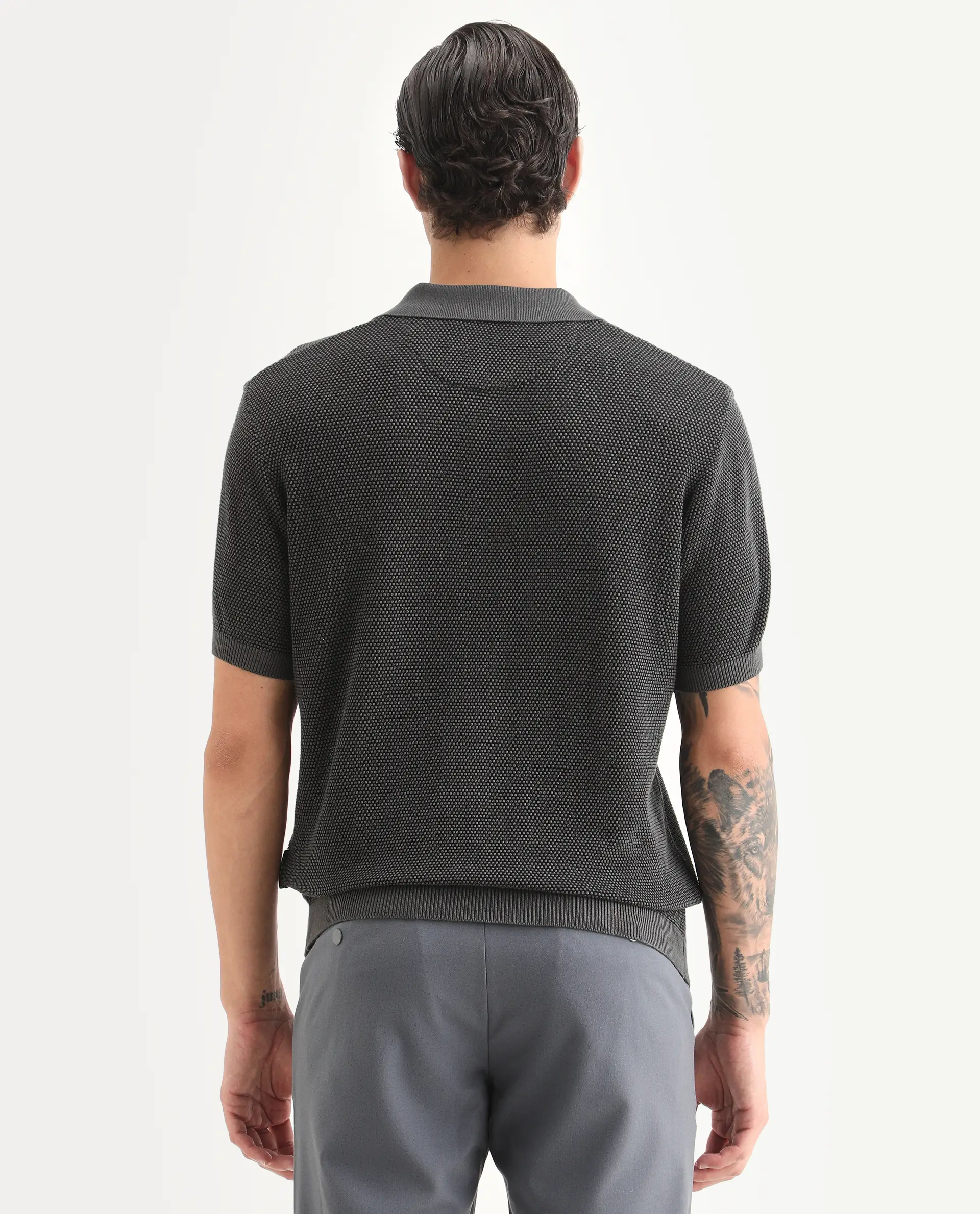 Rare Rabbit Men's Jordan Black Cotton Fabric Full Sleeve Regular Fit Textured Polo - Image 8