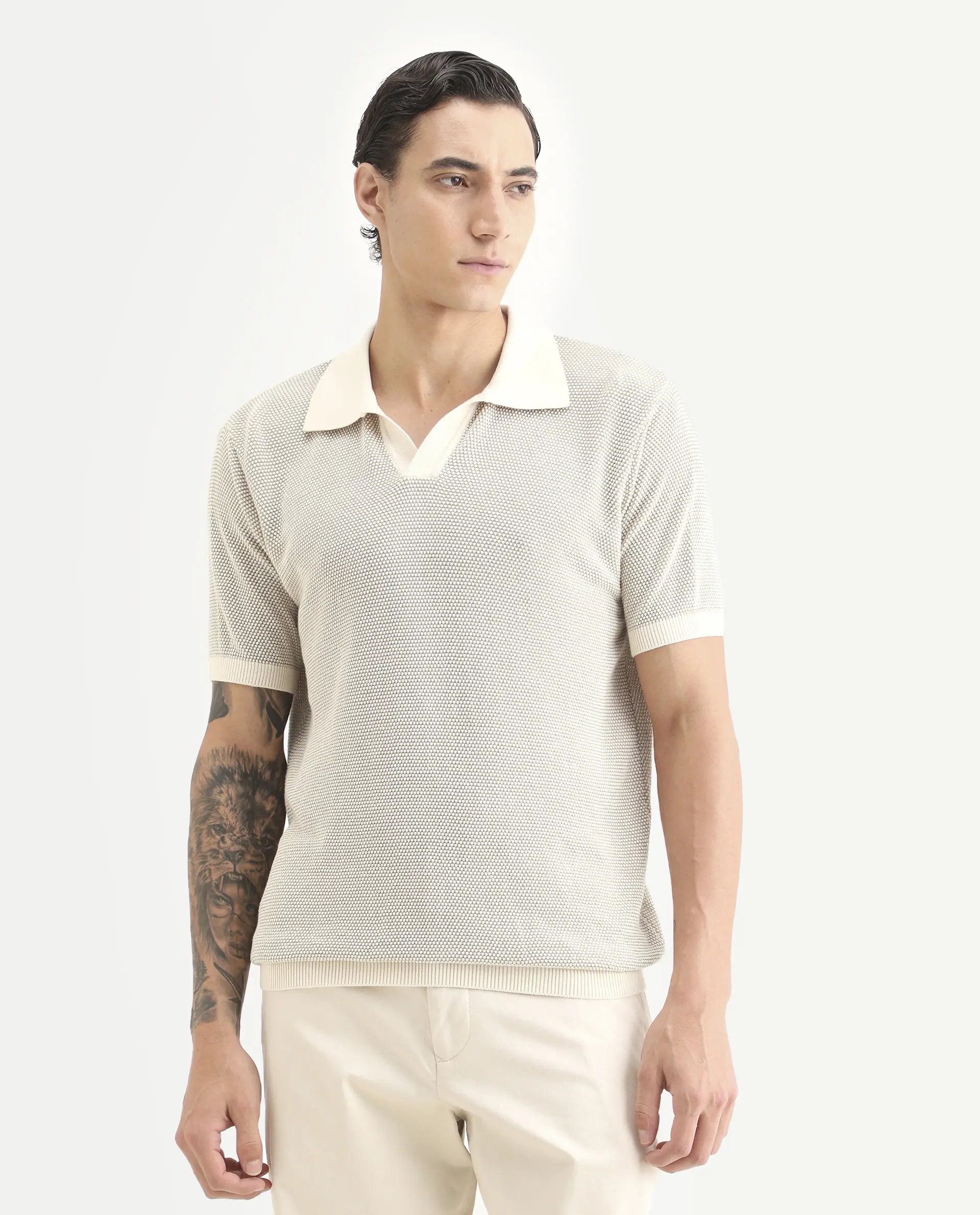 Rare Rabbit Men's Jordan Khaki Cotton Fabric Half Sleeve Regular Fit Textured Polo