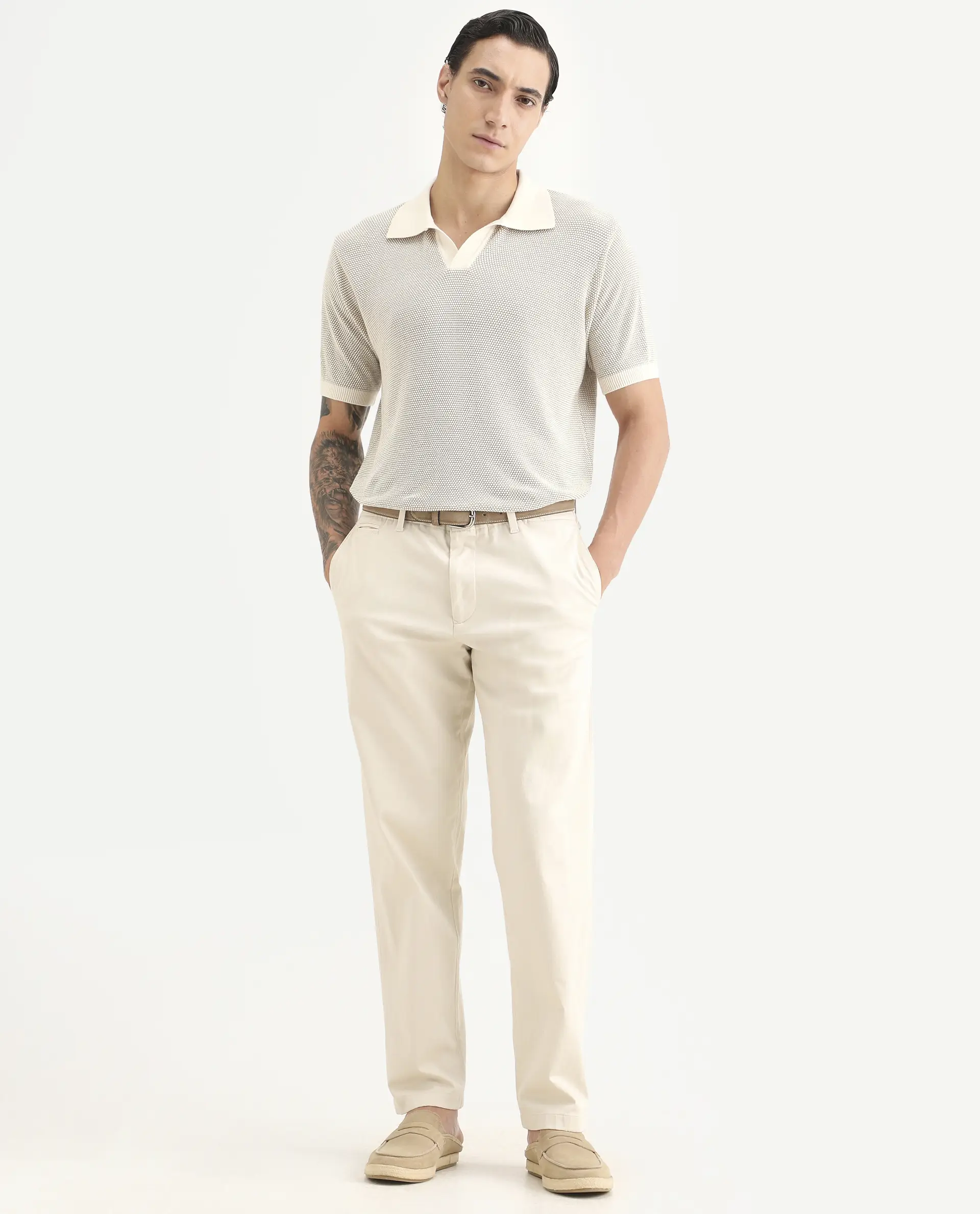 Rare Rabbit Men's Jordan Khaki Cotton Fabric Half Sleeve Regular Fit Textured Polo - Image 2
