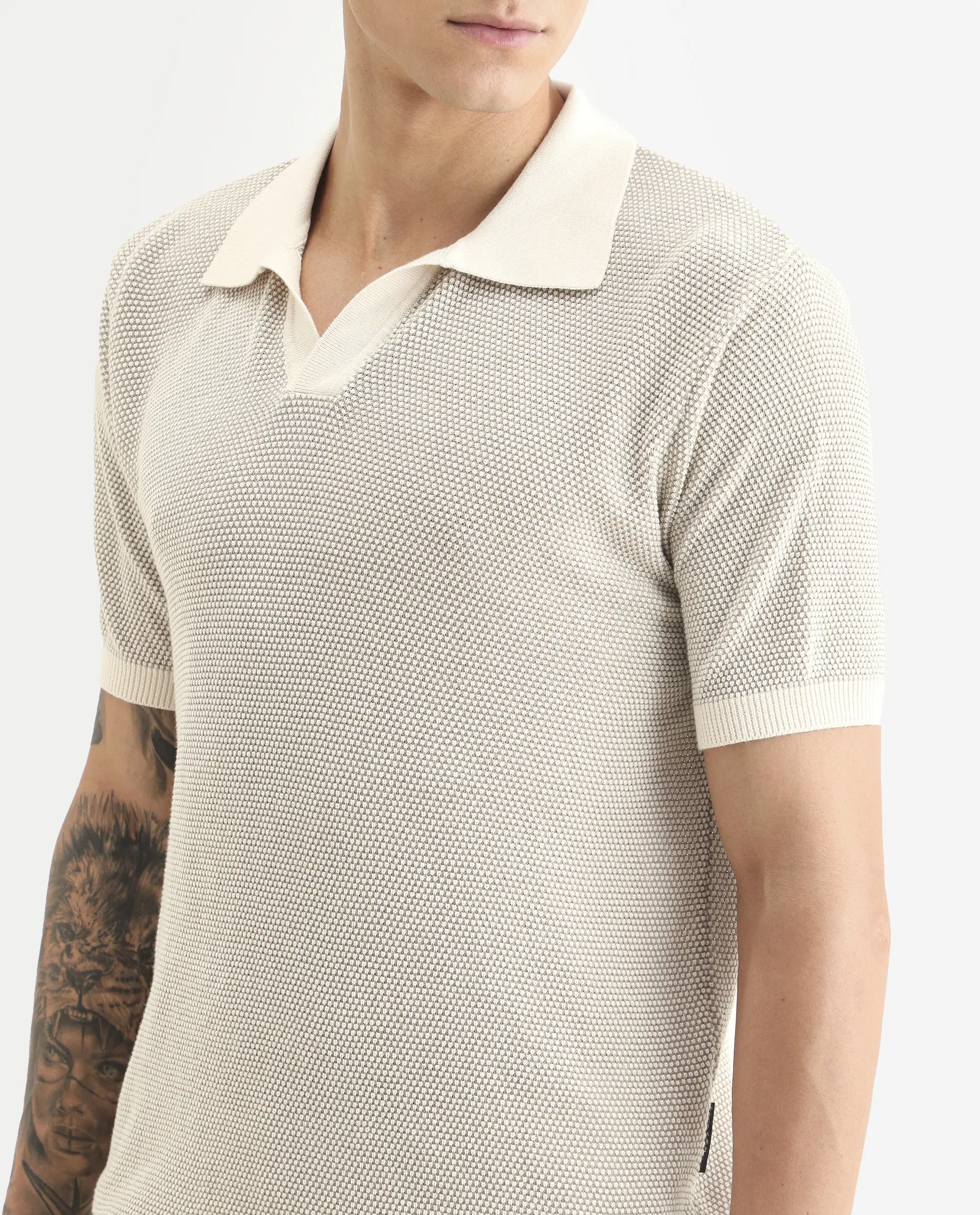Rare Rabbit Men's Jordan Khaki Cotton Fabric Half Sleeve Regular Fit Textured Polo - Image 3