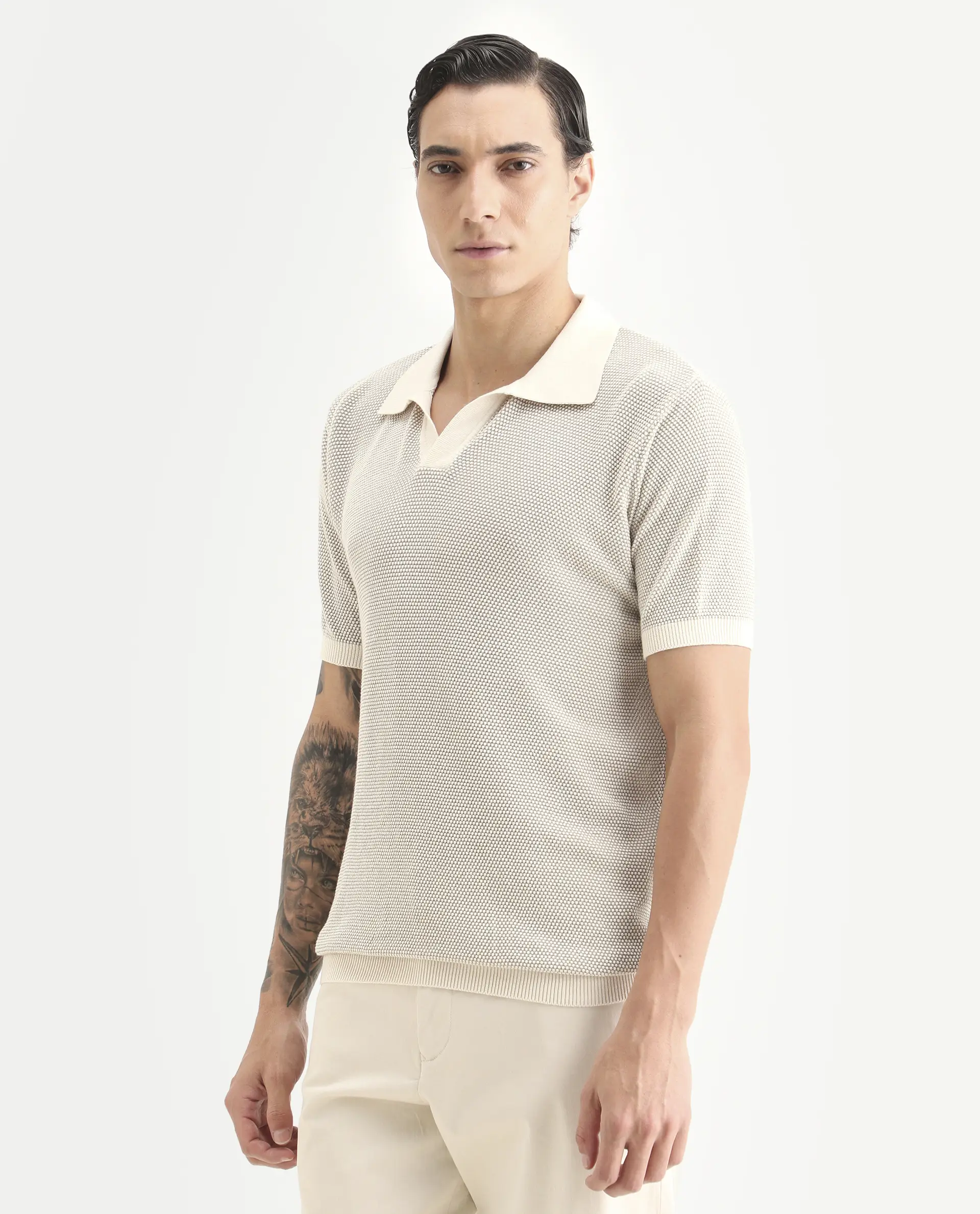 Rare Rabbit Men's Jordan Khaki Cotton Fabric Half Sleeve Regular Fit Textured Polo - Image 4