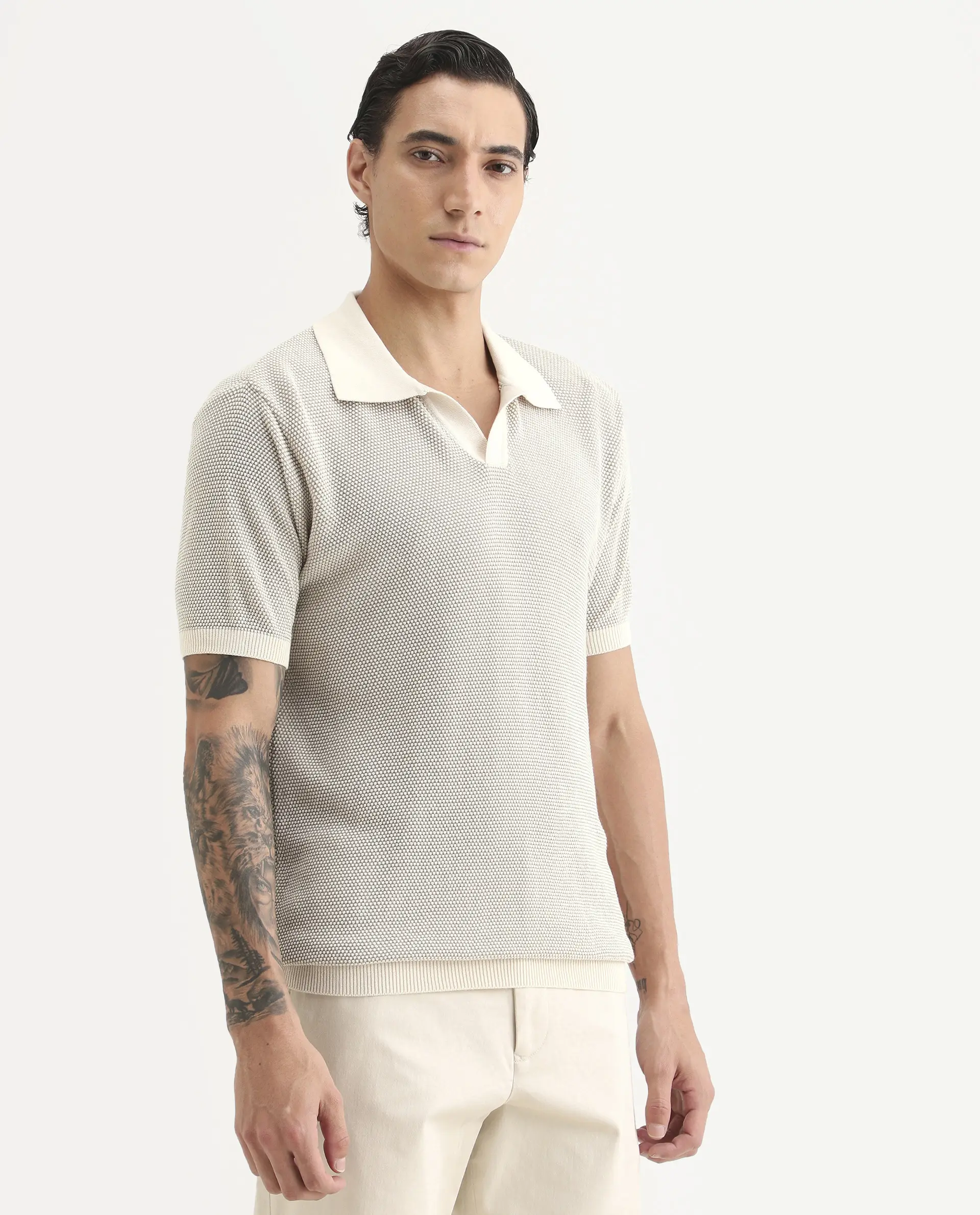 Rare Rabbit Men's Jordan Khaki Cotton Fabric Half Sleeve Regular Fit Textured Polo - Image 5