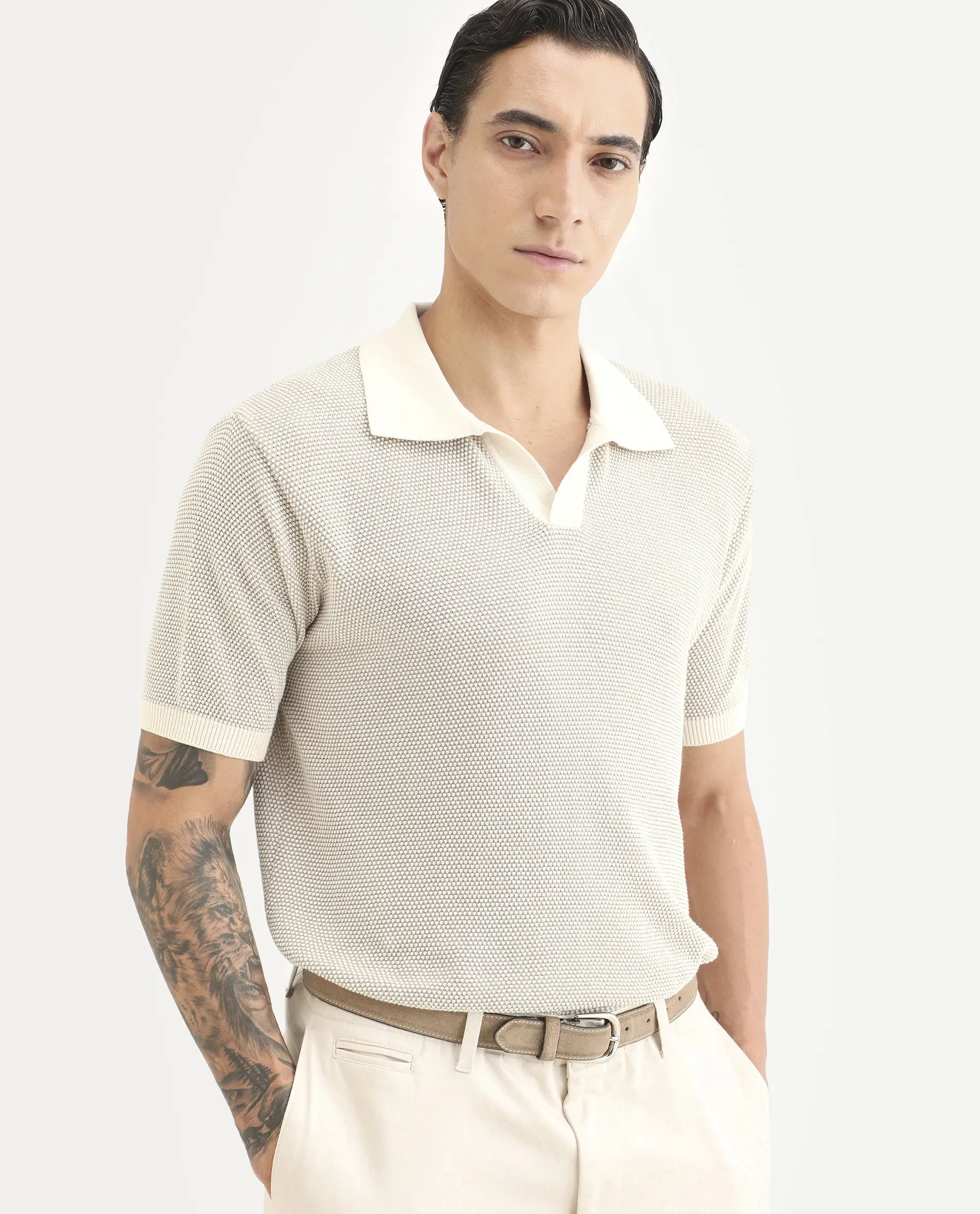 Rare Rabbit Men's Jordan Khaki Cotton Fabric Half Sleeve Regular Fit Textured Polo - Image 7