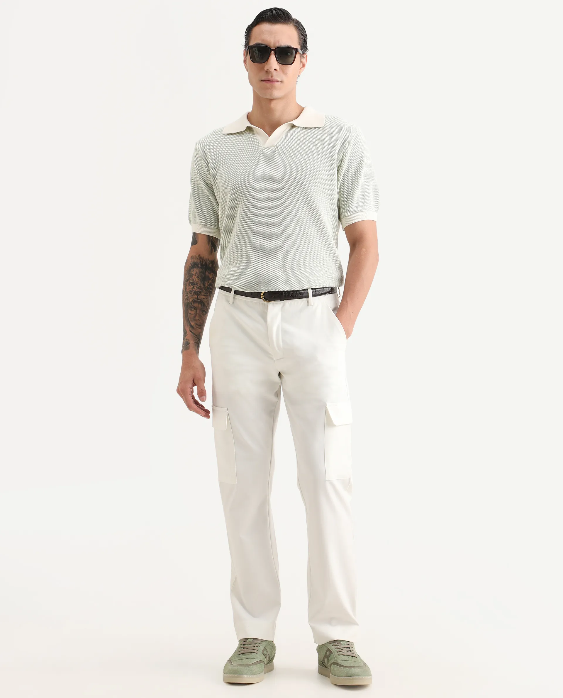 Rare Rabbit Men's Jordan Pastel Green Cotton Fabric Full Sleeve Regular Fit Textured Polo - Image 2