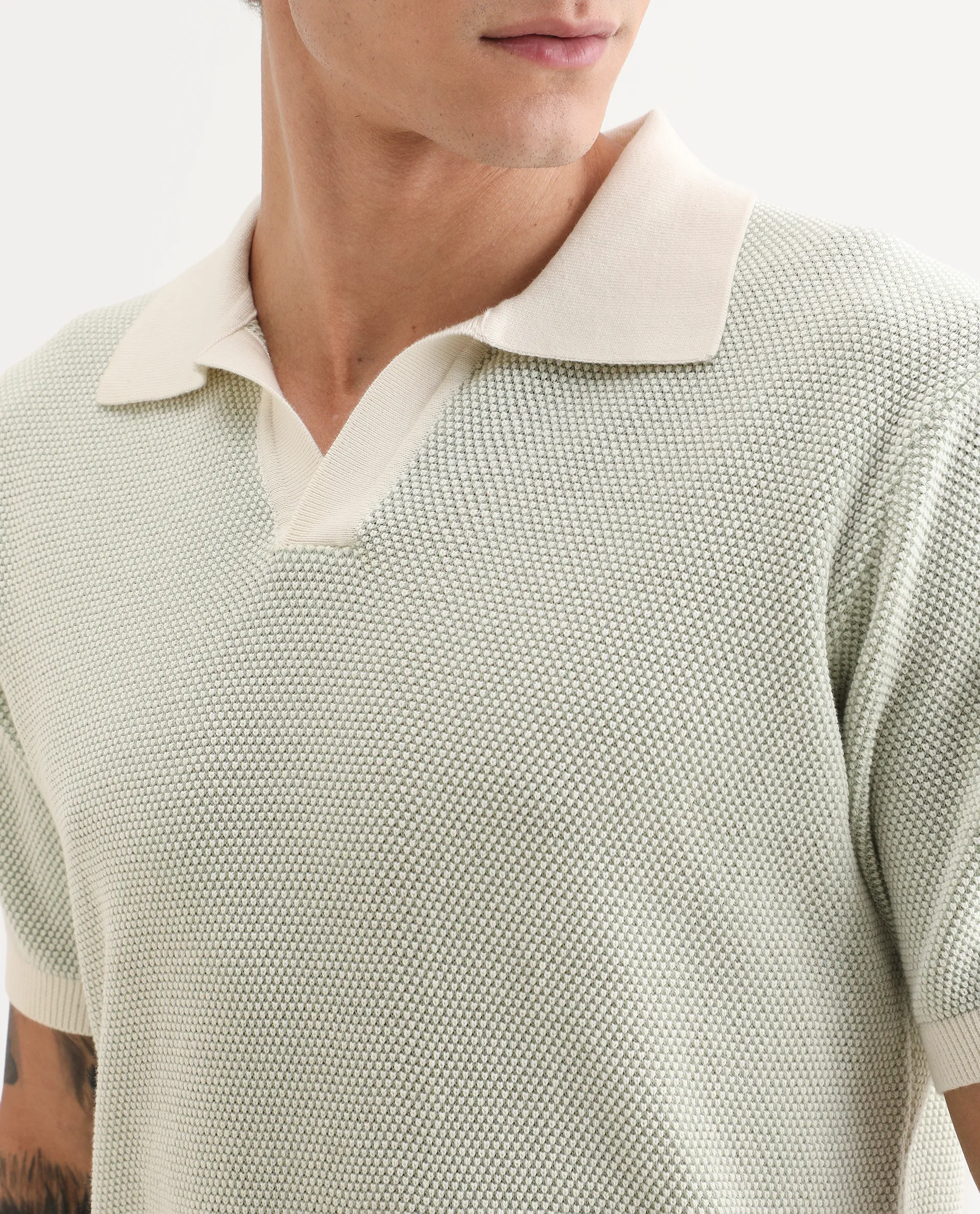Rare Rabbit Men's Jordan Pastel Green Cotton Fabric Full Sleeve Regular Fit Textured Polo - Image 3