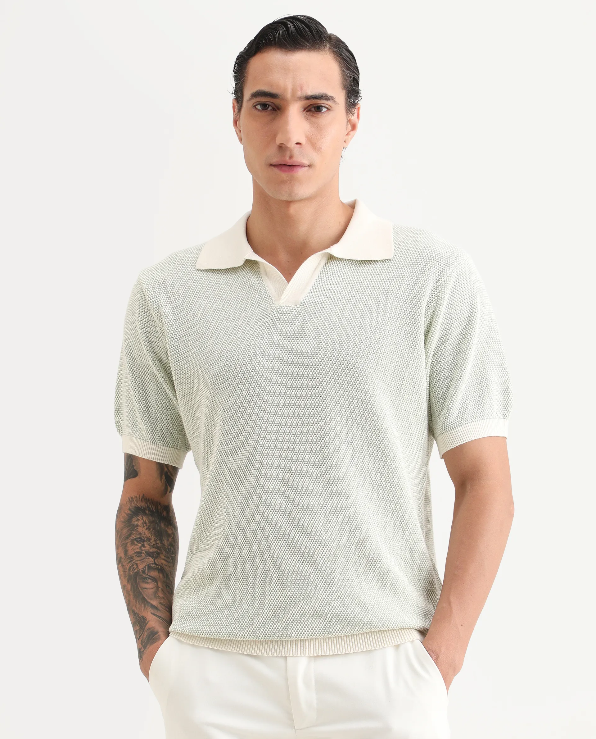 Rare Rabbit Men's Jordan Pastel Green Cotton Fabric Full Sleeve Regular Fit Textured Polo - Image 4