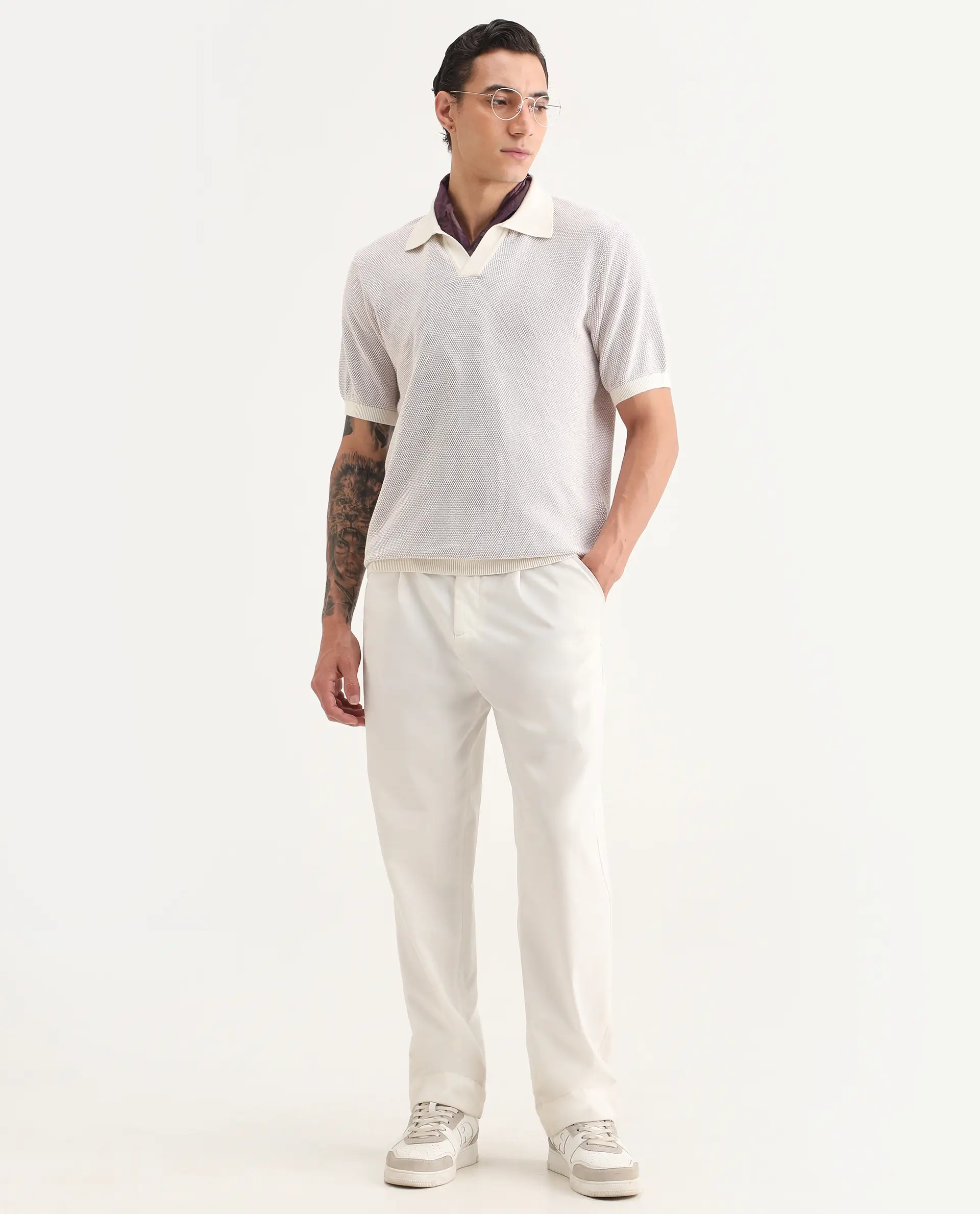 Rare Rabbit Men's Jordan Pastel Purple Cotton Fabric Full Sleeve Regular Fit Textured Polo - Image 2
