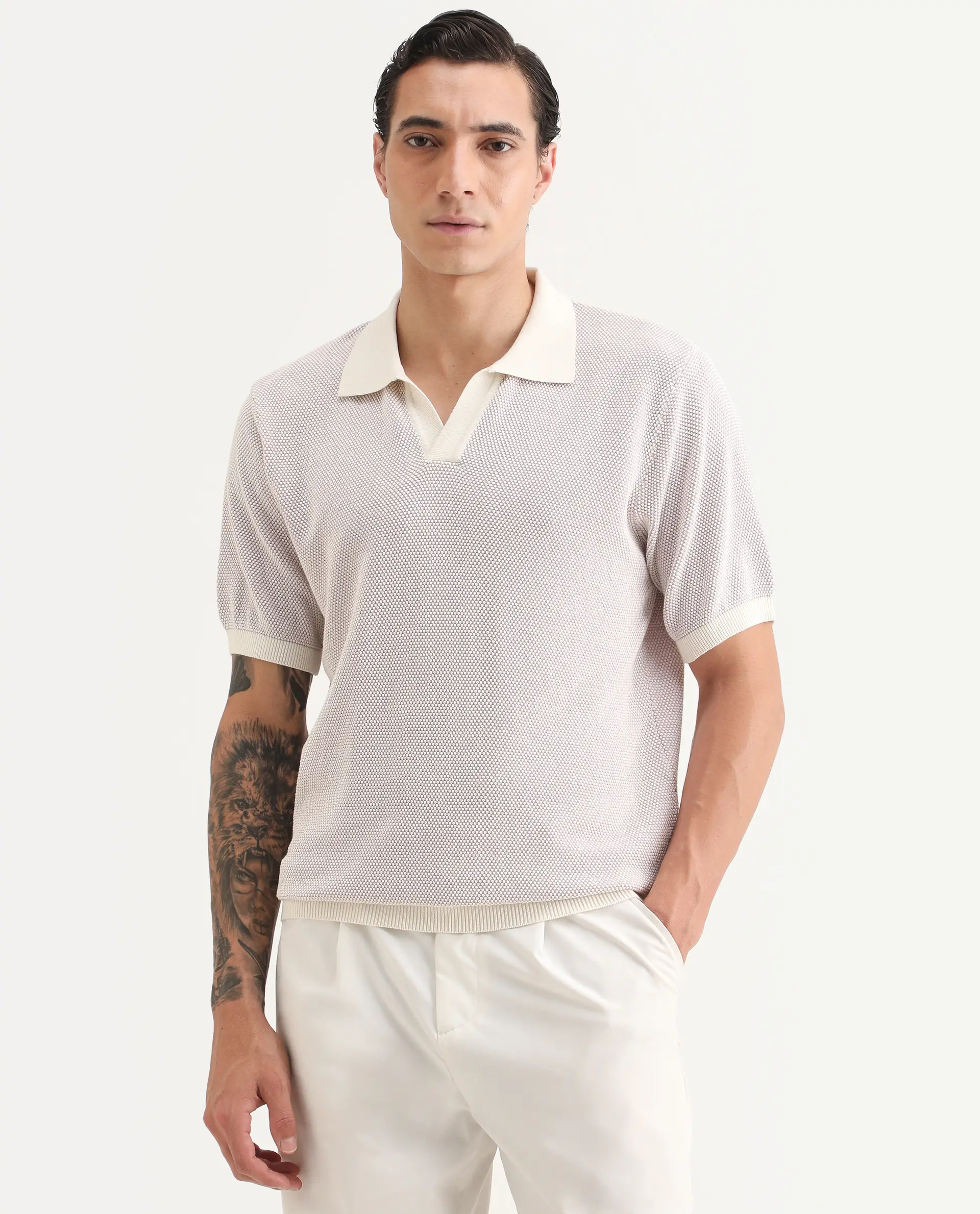 Rare Rabbit Men's Jordan Pastel Purple Cotton Fabric Full Sleeve Regular Fit Textured Polo - Image 4
