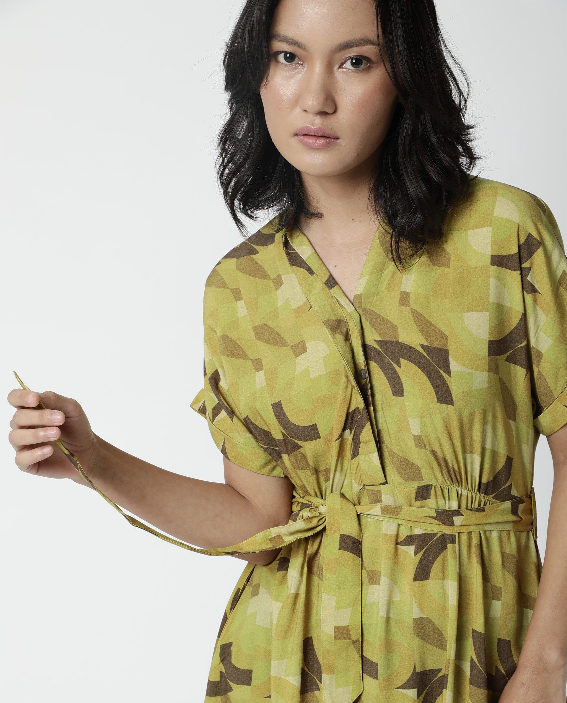 Rareism Womens Jordan Green Dress Cotton Silk Fabric Relaxed Fit Drop Shoulder Half Sleeve A Line Dress Long Length - Image 2