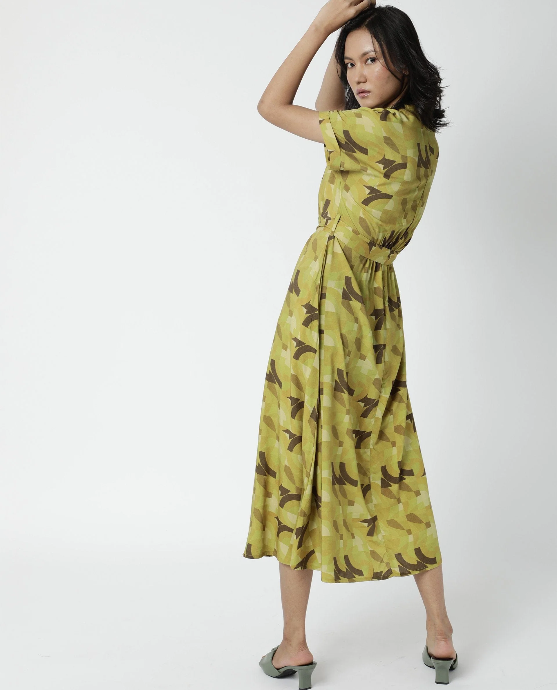Rareism Womens Jordan Green Dress Cotton Silk Fabric Relaxed Fit Drop Shoulder Half Sleeve A Line Dress Long Length - Image 6