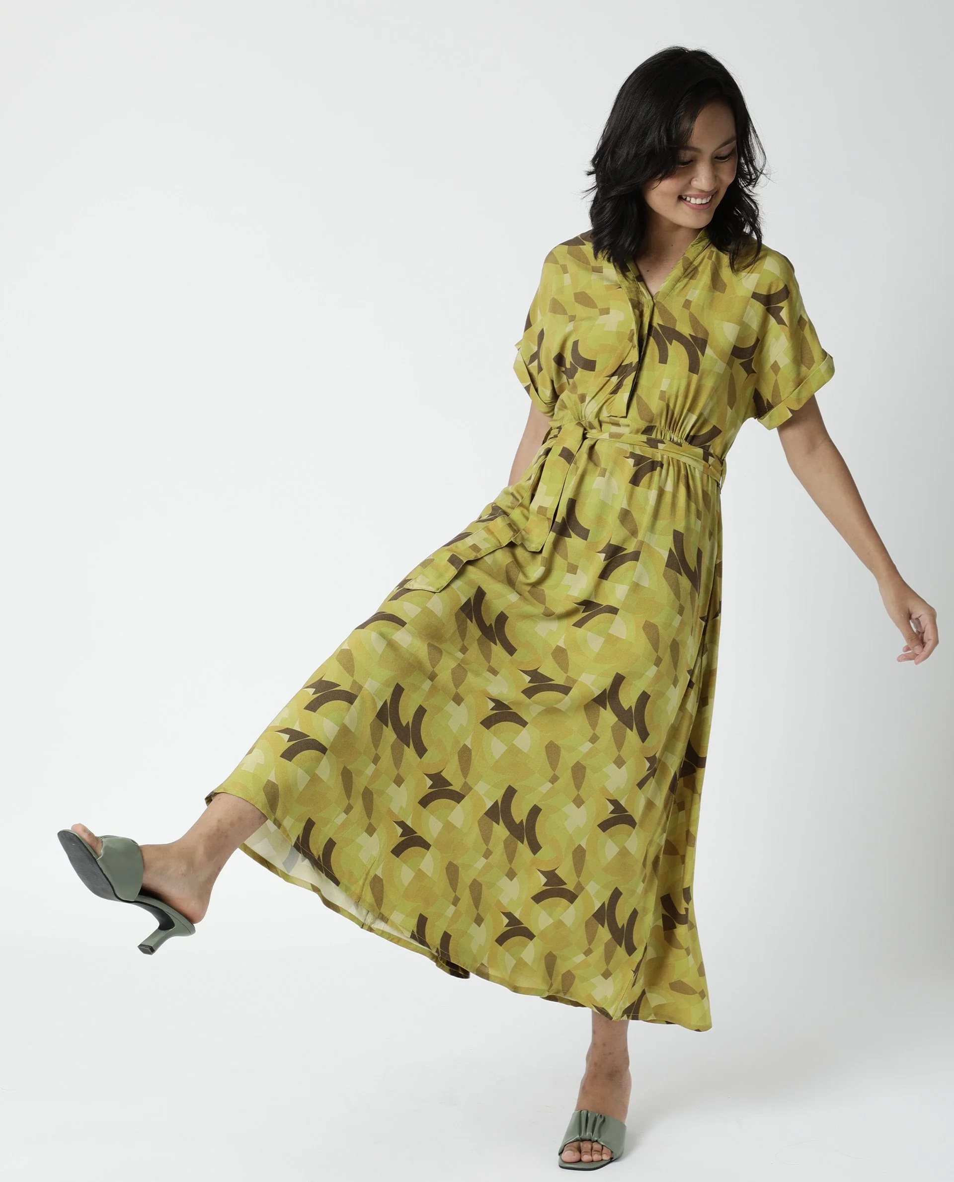 Rareism Womens Jordan Green Dress Cotton Silk Fabric Relaxed Fit Drop Shoulder Half Sleeve A Line Dress Long Length - Image 7