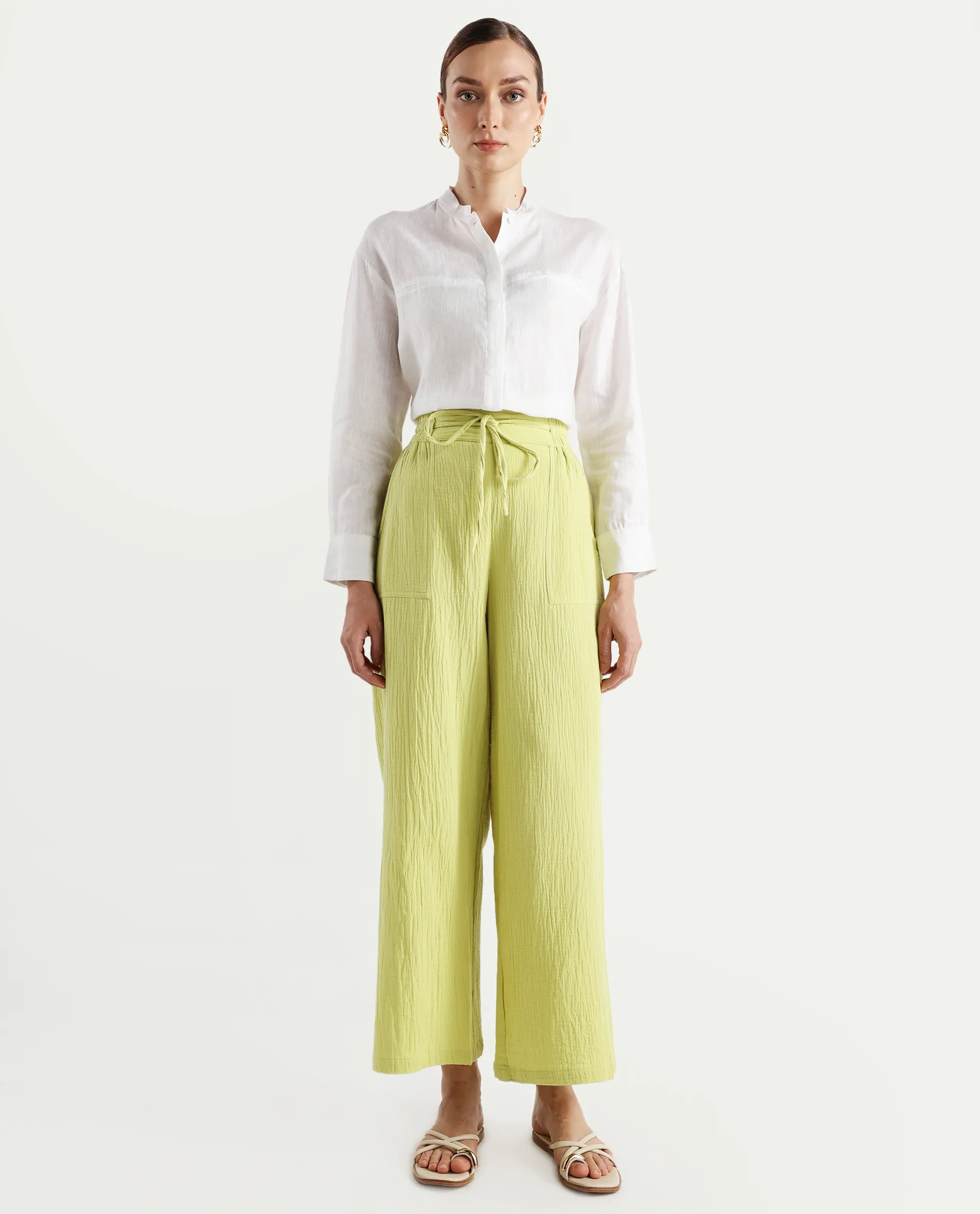 Rareism Women's Jorden B Flouroscent Cotton Blend Plain Ankle Length Wide Leg Trouser - Image 2