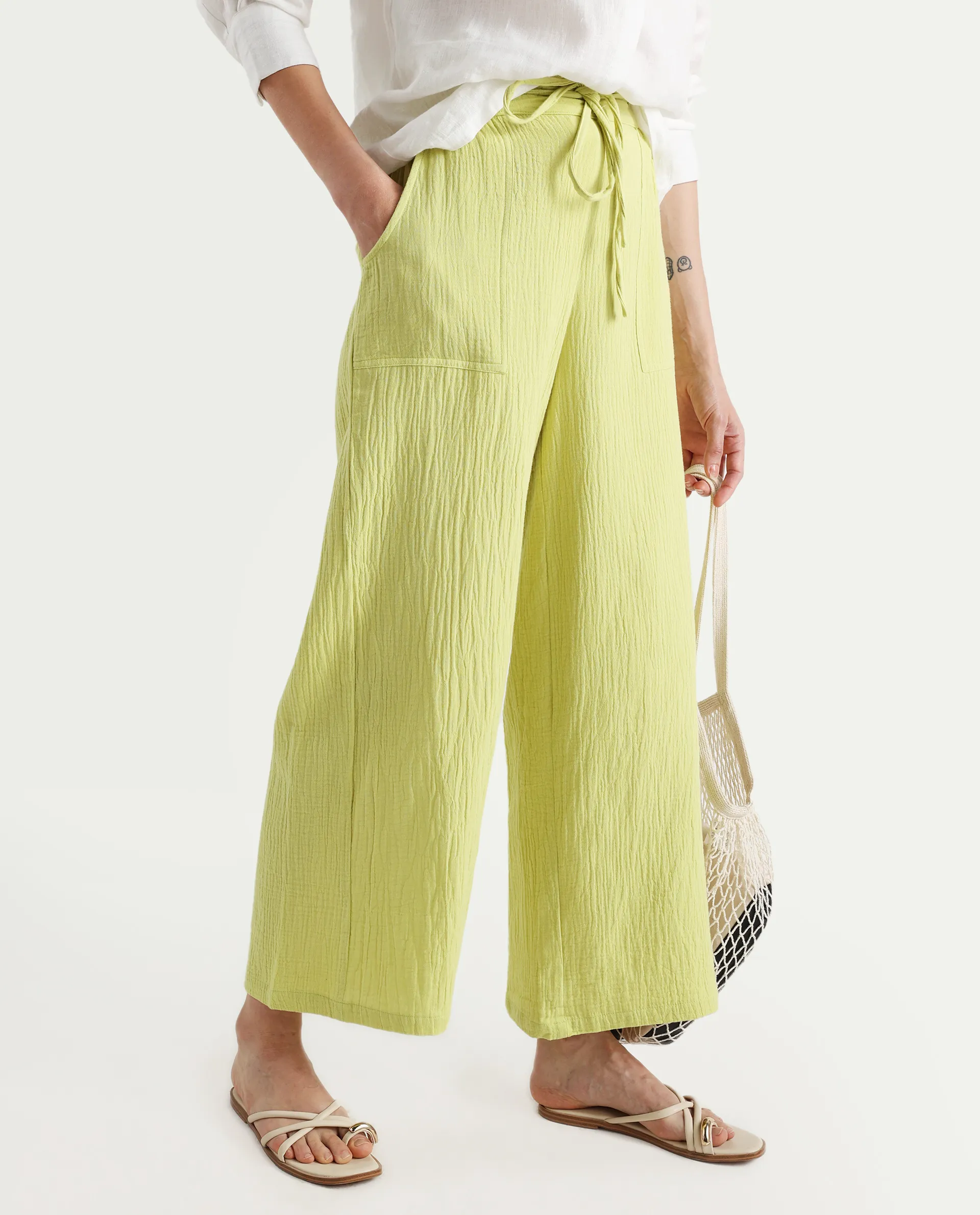 Rareism Women's Jorden B Flouroscent Cotton Blend Plain Ankle Length Wide Leg Trouser - Image 3