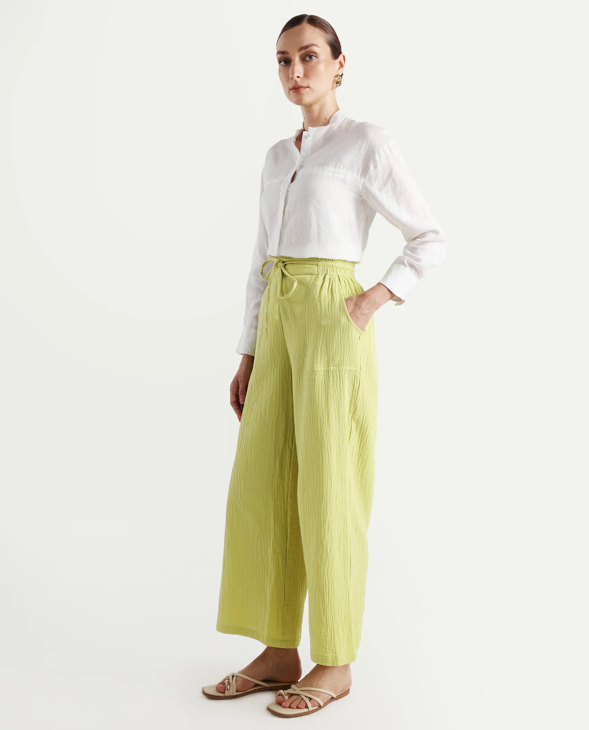 Rareism Women's Jorden B Flouroscent Cotton Blend Plain Ankle Length Wide Leg Trouser - Image 5