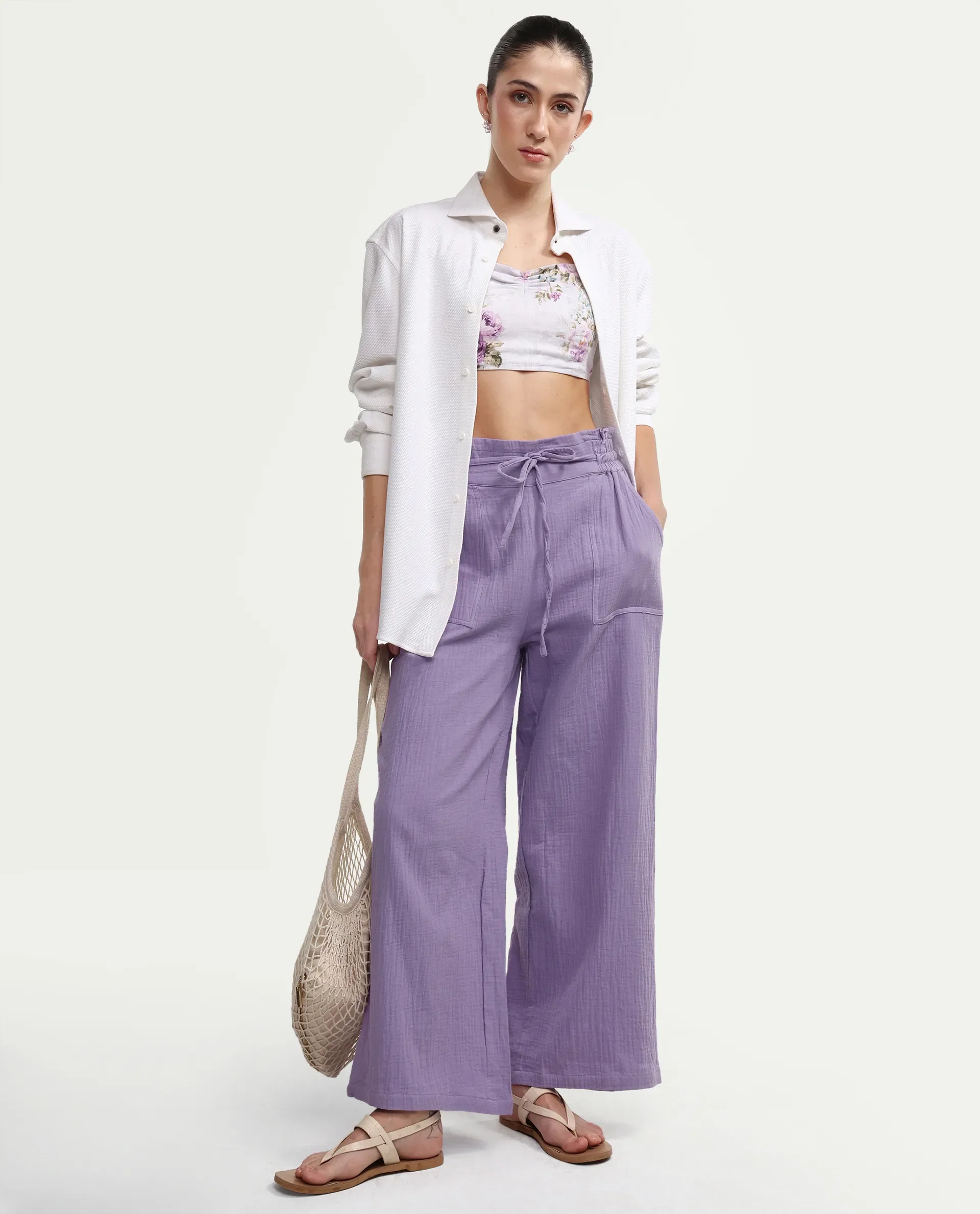 Rareism Women's Jorden B Pastel Cotton Blend Plain Ankle Length Wide Leg Trouser