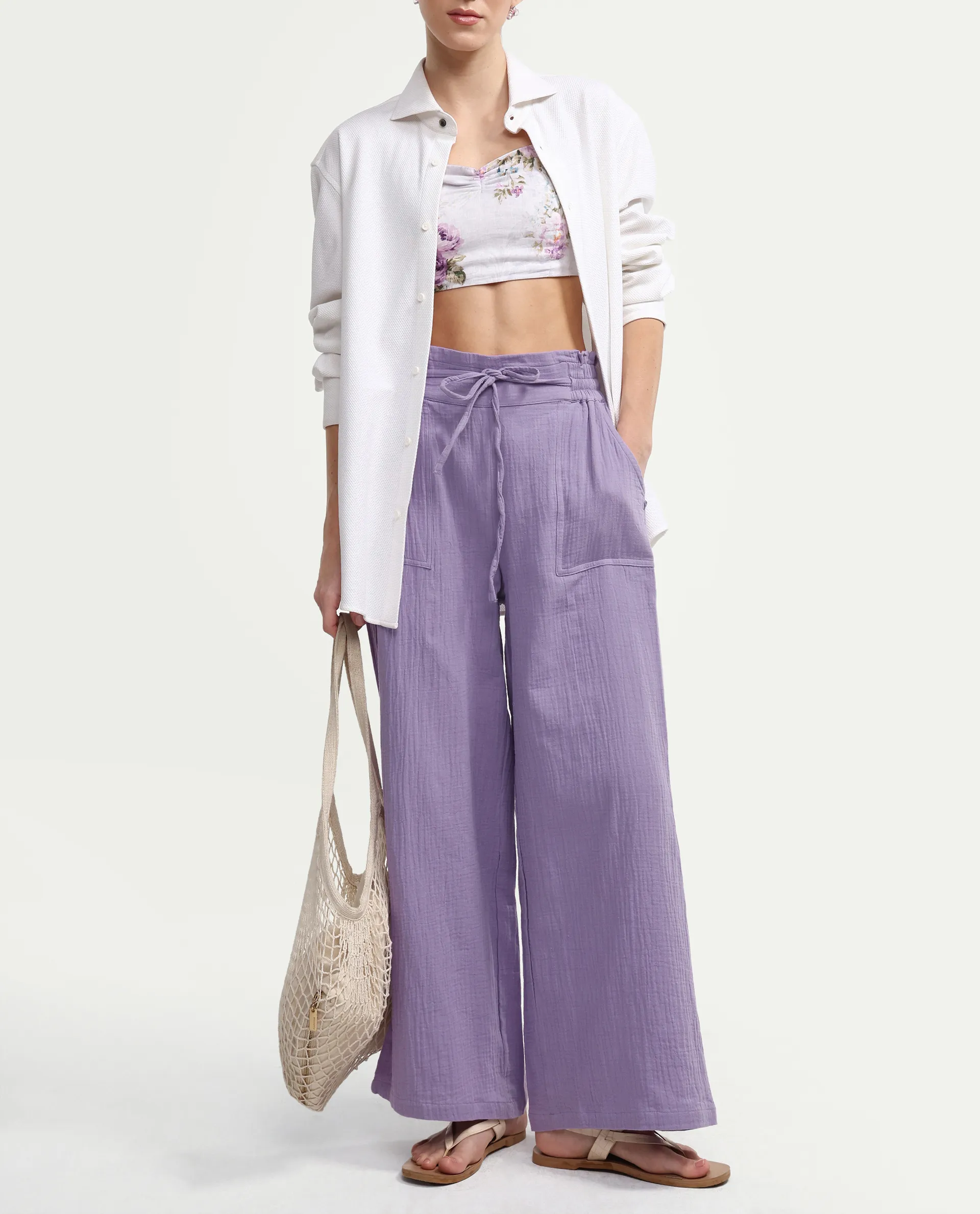 Rareism Women's Jorden B Pastel Cotton Blend Plain Ankle Length Wide Leg Trouser - Image 2