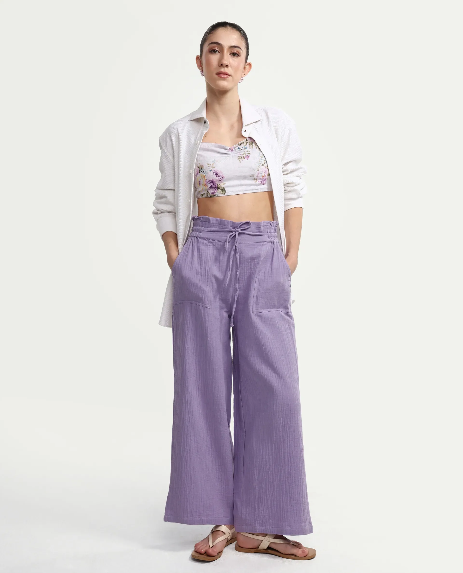Rareism Women's Jorden B Pastel Cotton Blend Plain Ankle Length Wide Leg Trouser - Image 4