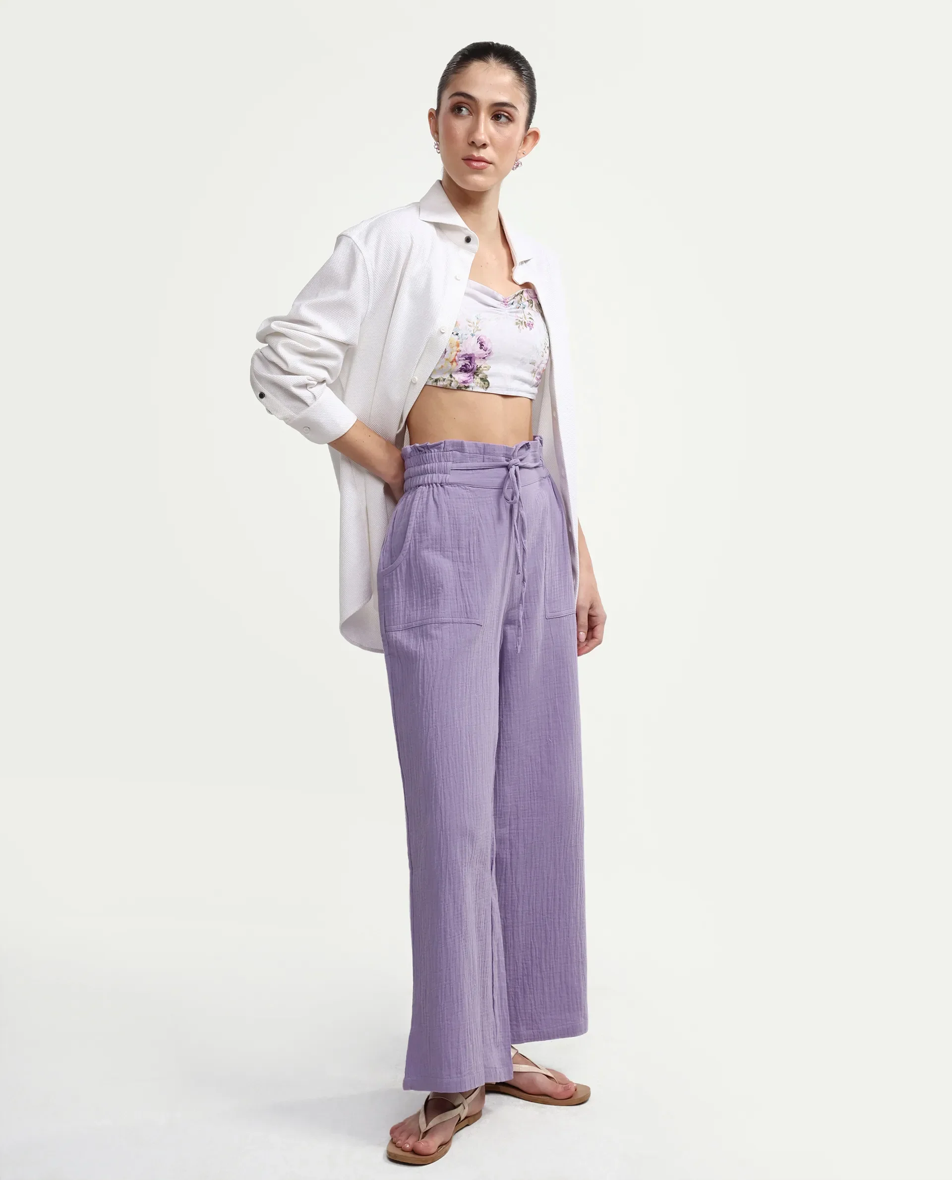 Rareism Women's Jorden B Pastel Cotton Blend Plain Ankle Length Wide Leg Trouser - Image 6