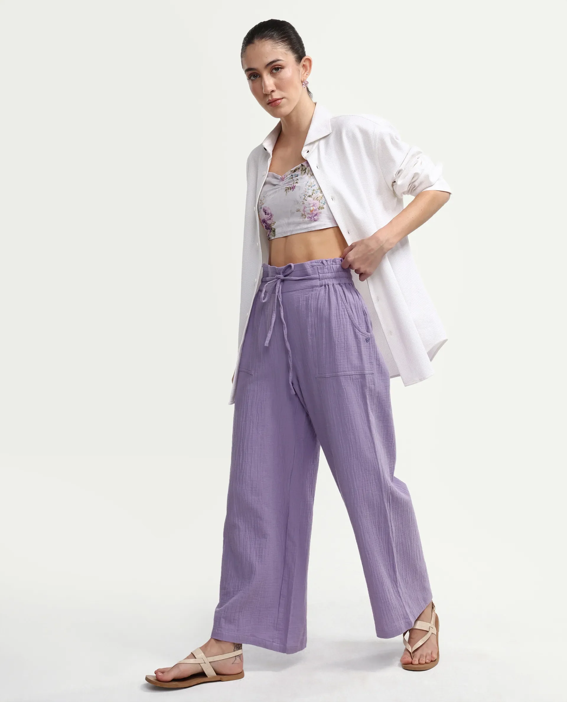 Rareism Women's Jorden B Pastel Cotton Blend Plain Ankle Length Wide Leg Trouser - Image 7