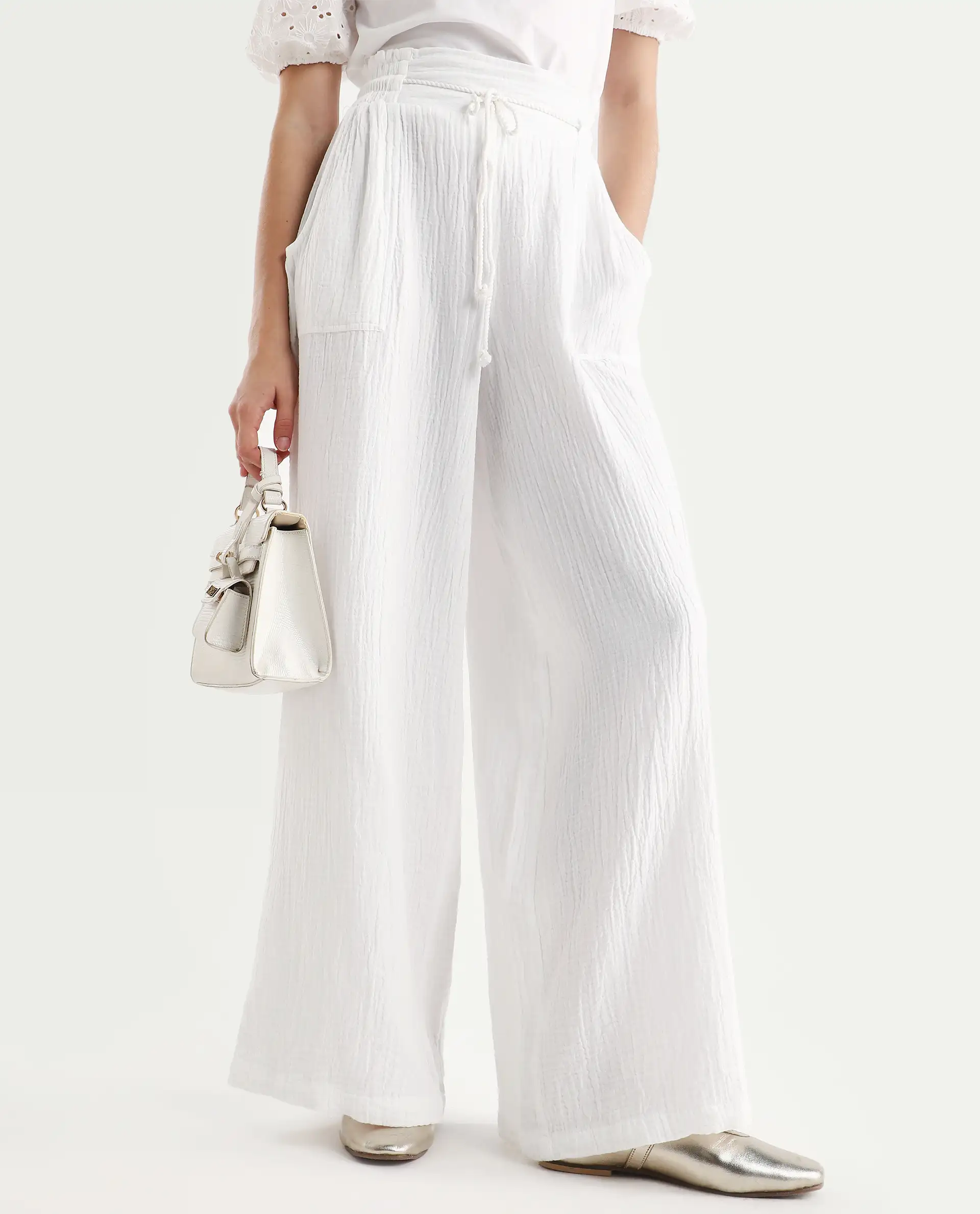 Rareism Women's Jorden Pastel White Cotton Plain Ankle Length Wide Trouser - Image 2