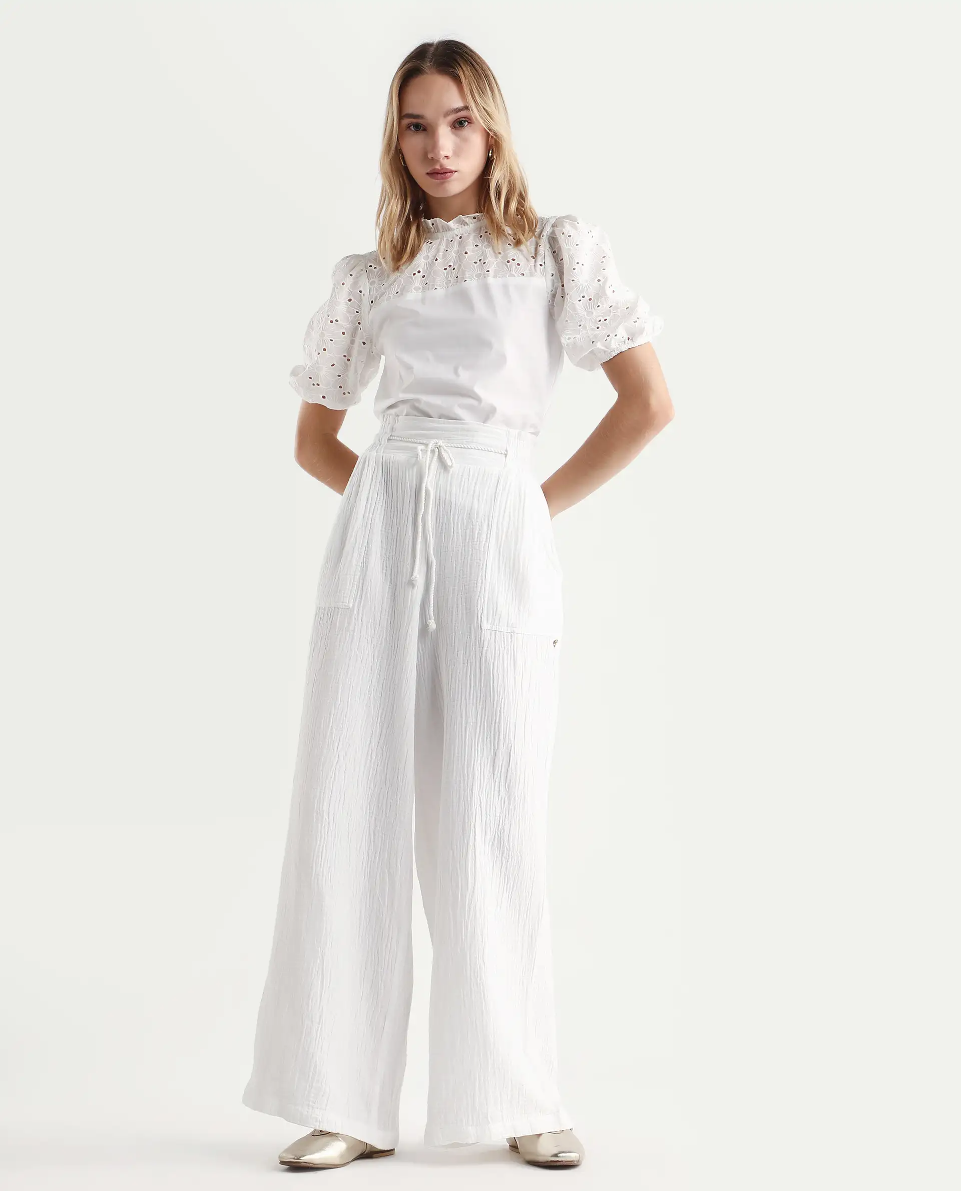 Rareism Women's Jorden Pastel White Cotton Plain Ankle Length Wide Trouser - Image 3