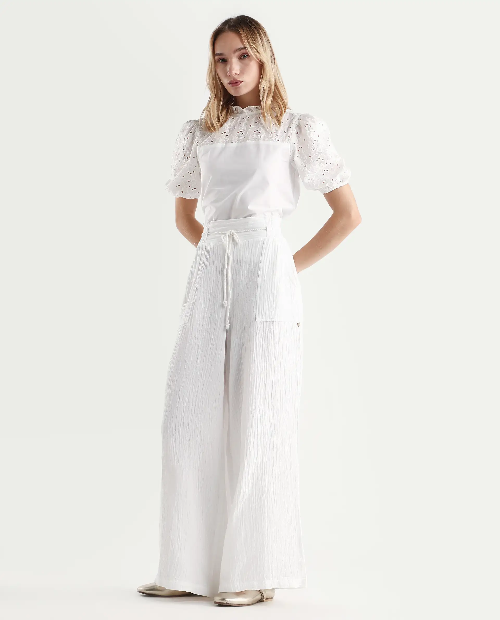 Rareism Women's Jorden Pastel White Cotton Plain Ankle Length Wide Trouser - Image 6
