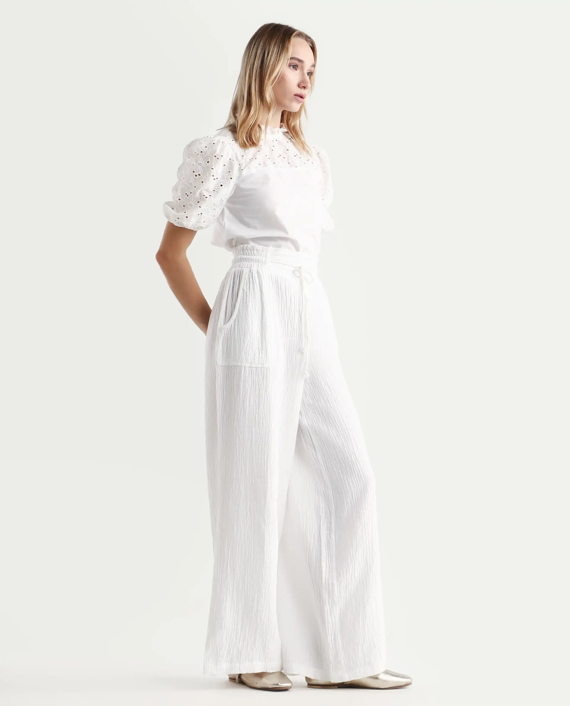 Rareism Women's Jorden Pastel White Cotton Plain Ankle Length Wide Trouser - Image 7