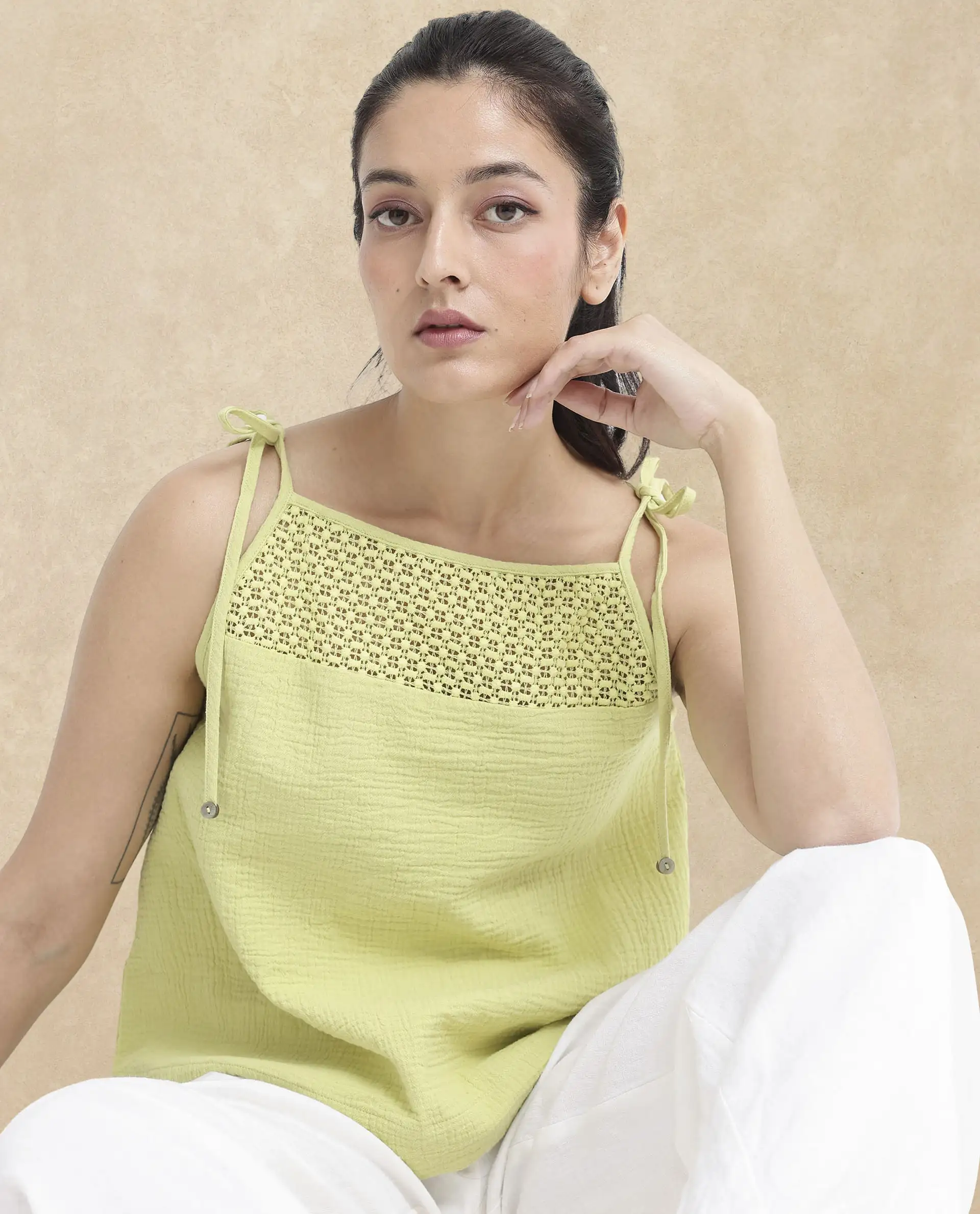 Rareism Women's Jordyn-T Flouroscent Green Cotton Blend Shoulder Strap Plain Shoulder Strap Regular Fit Top - Image 3