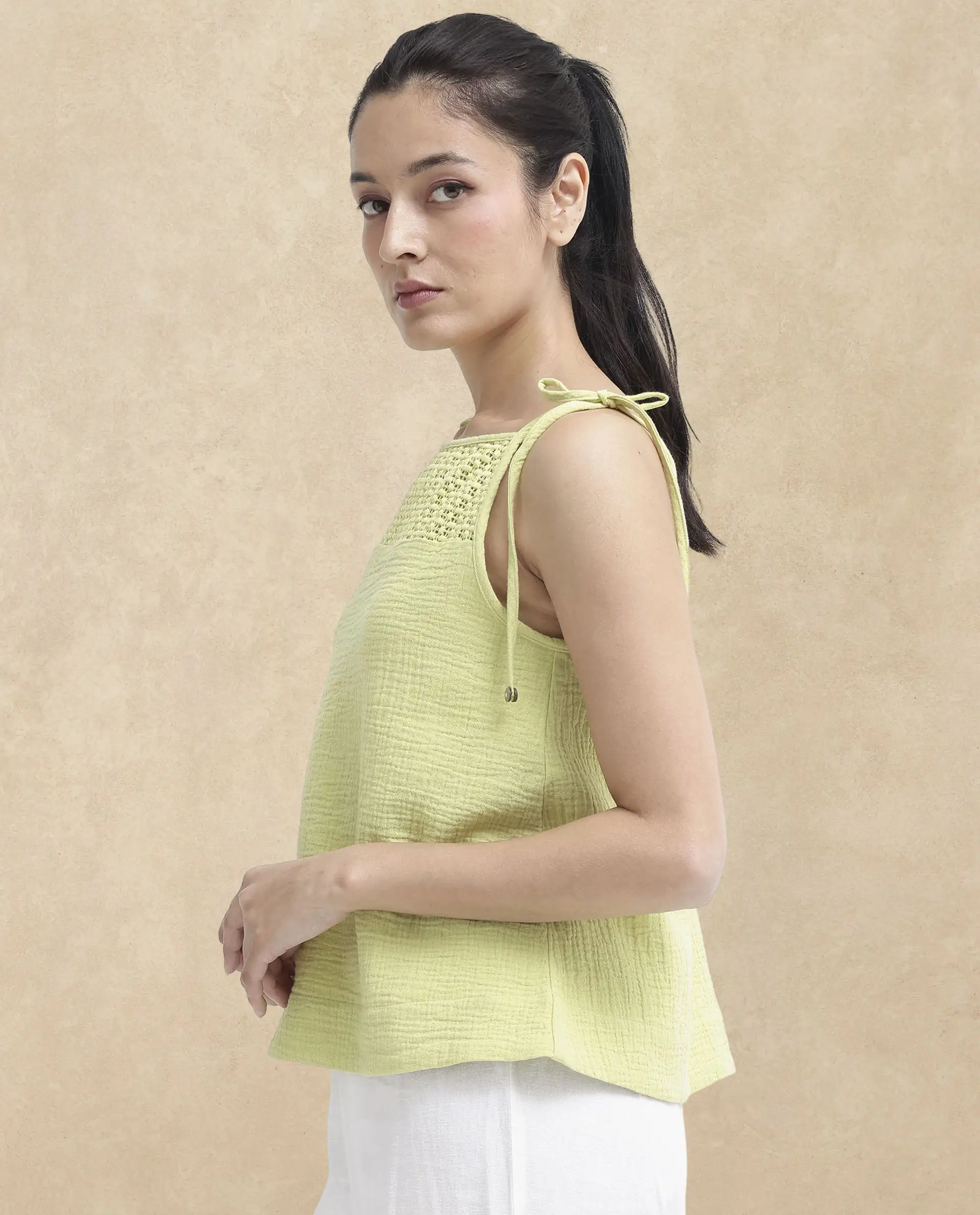 Rareism Women's Jordyn-T Flouroscent Green Cotton Blend Shoulder Strap Plain Shoulder Strap Regular Fit Top - Image 5