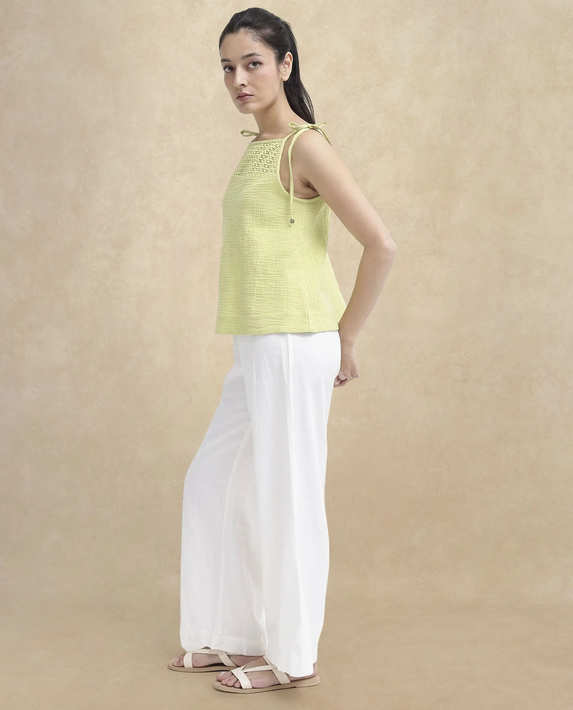 Rareism Women's Jordyn-T Flouroscent Green Cotton Blend Shoulder Strap Plain Shoulder Strap Regular Fit Top - Image 6