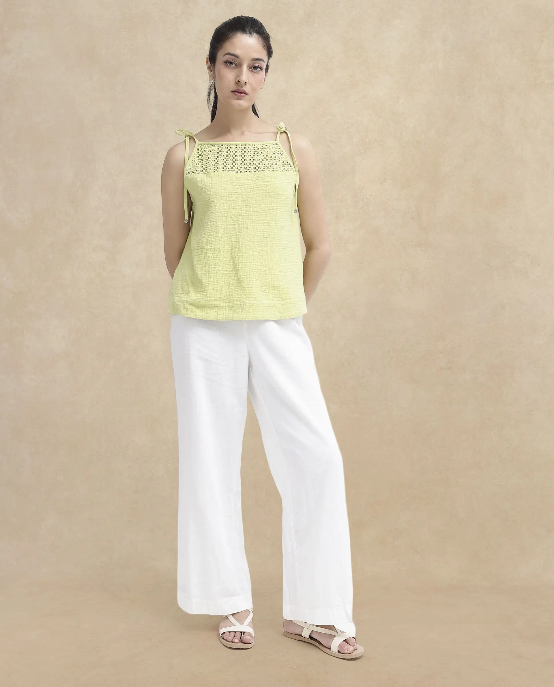 Rareism Women's Jordyn-T Flouroscent Green Cotton Blend Shoulder Strap Plain Shoulder Strap Regular Fit Top - Image 7
