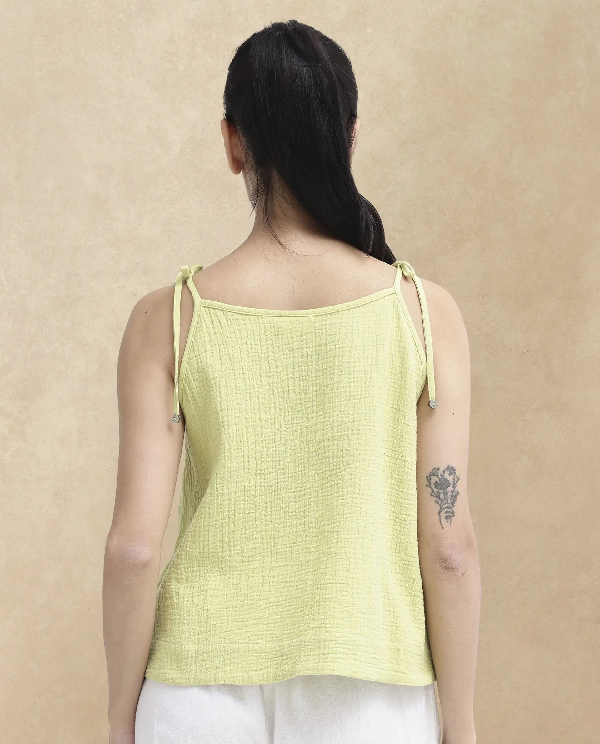 Rareism Women's Jordyn-T Flouroscent Green Cotton Blend Shoulder Strap Plain Shoulder Strap Regular Fit Top - Image 8